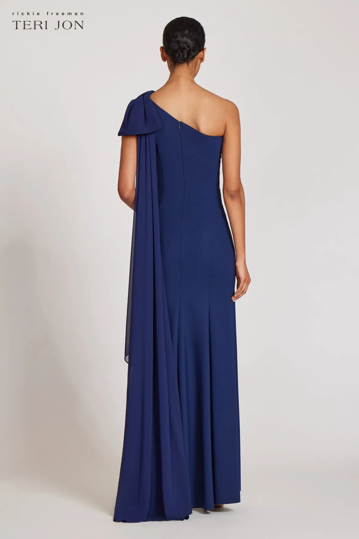 One Shoulder Scuba Gown With Chiffon Cape