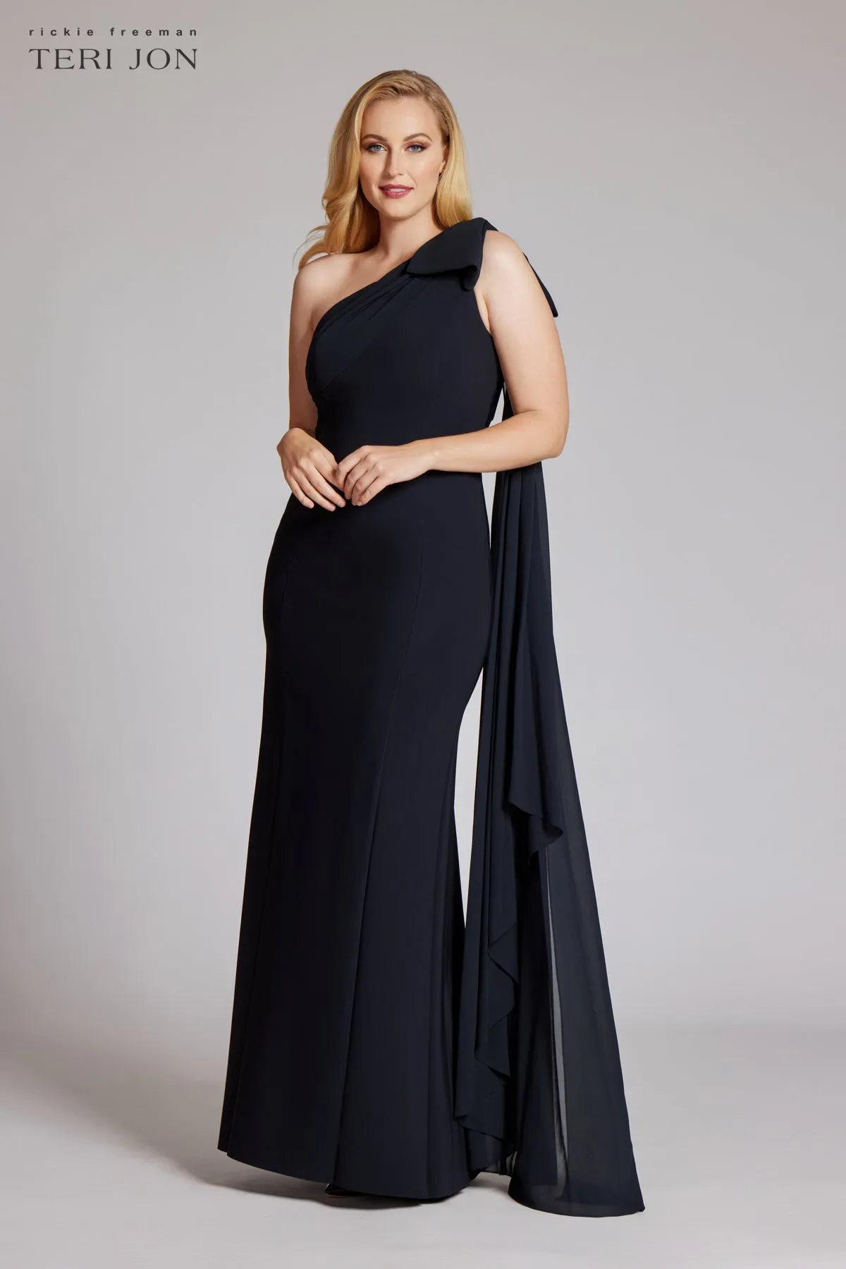 One Shoulder Scuba Gown With Chiffon Cape