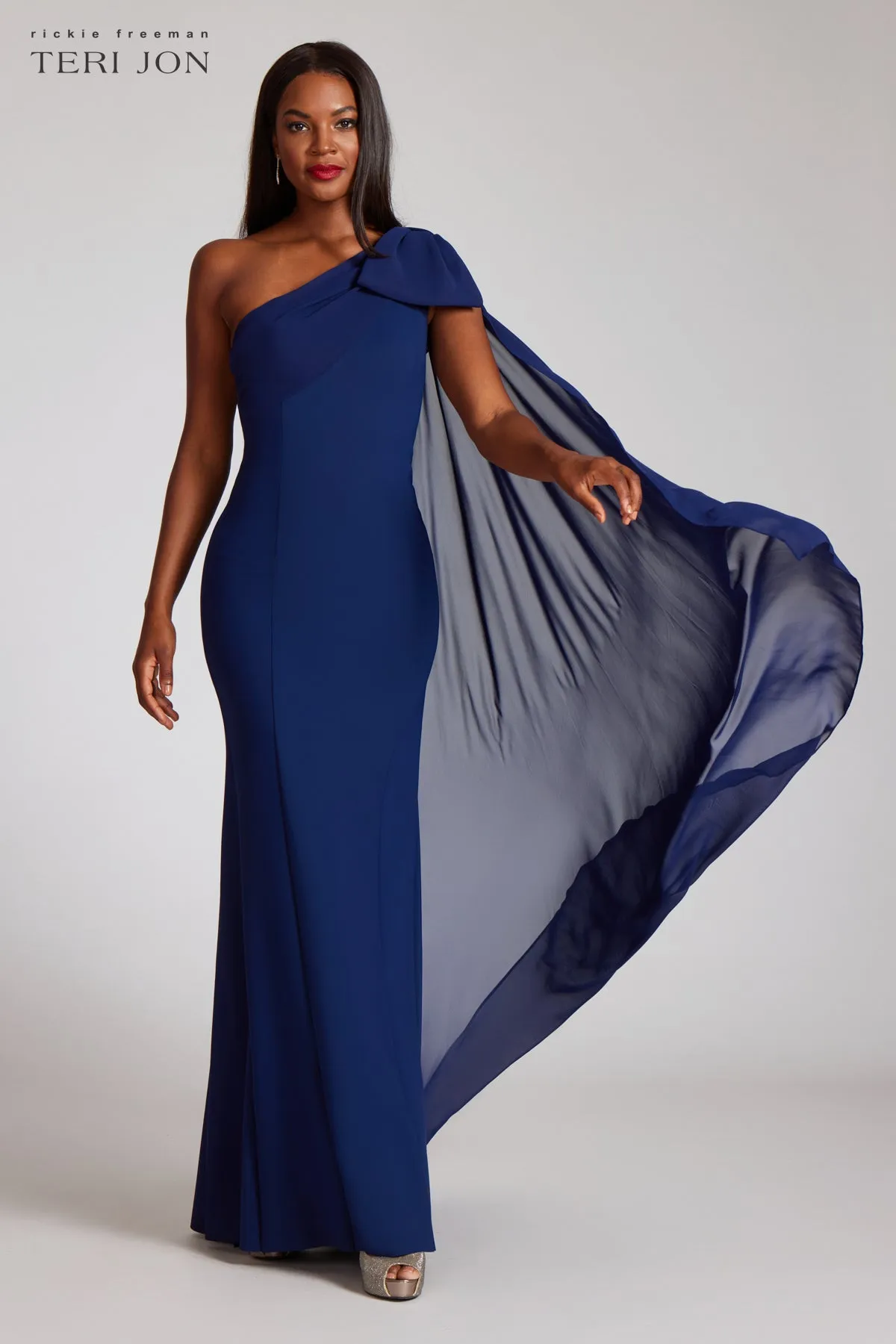 One Shoulder Scuba Gown With Chiffon Cape