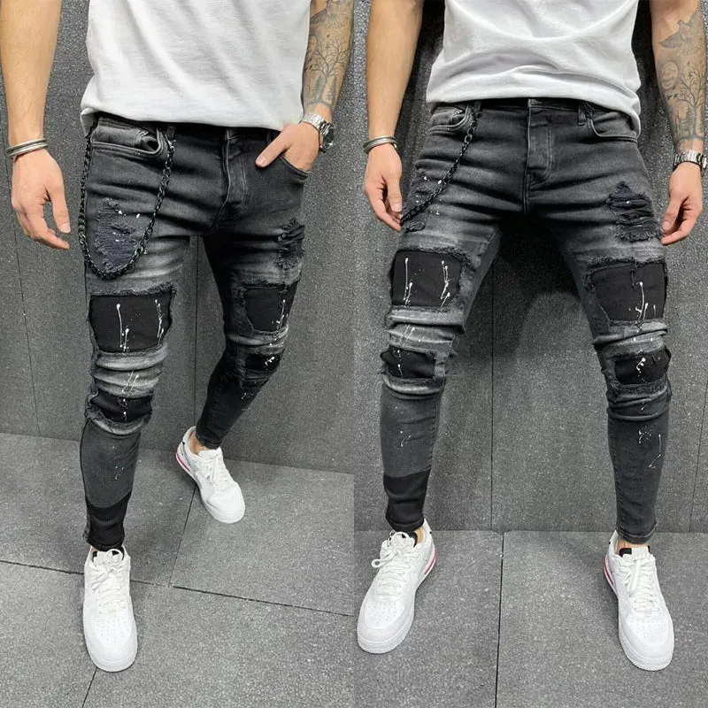 Plaid Men's Ripped Grid Patchwork Denim Pencil Skinny Jeans