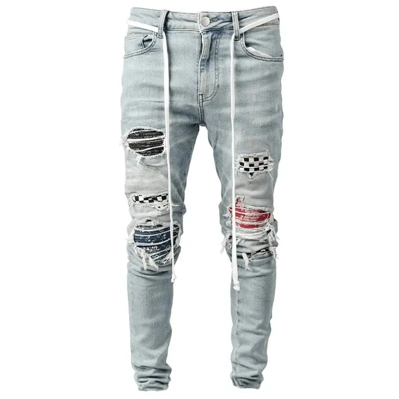 Plaid Men's Ripped Grid Patchwork Denim Pencil Skinny Jeans