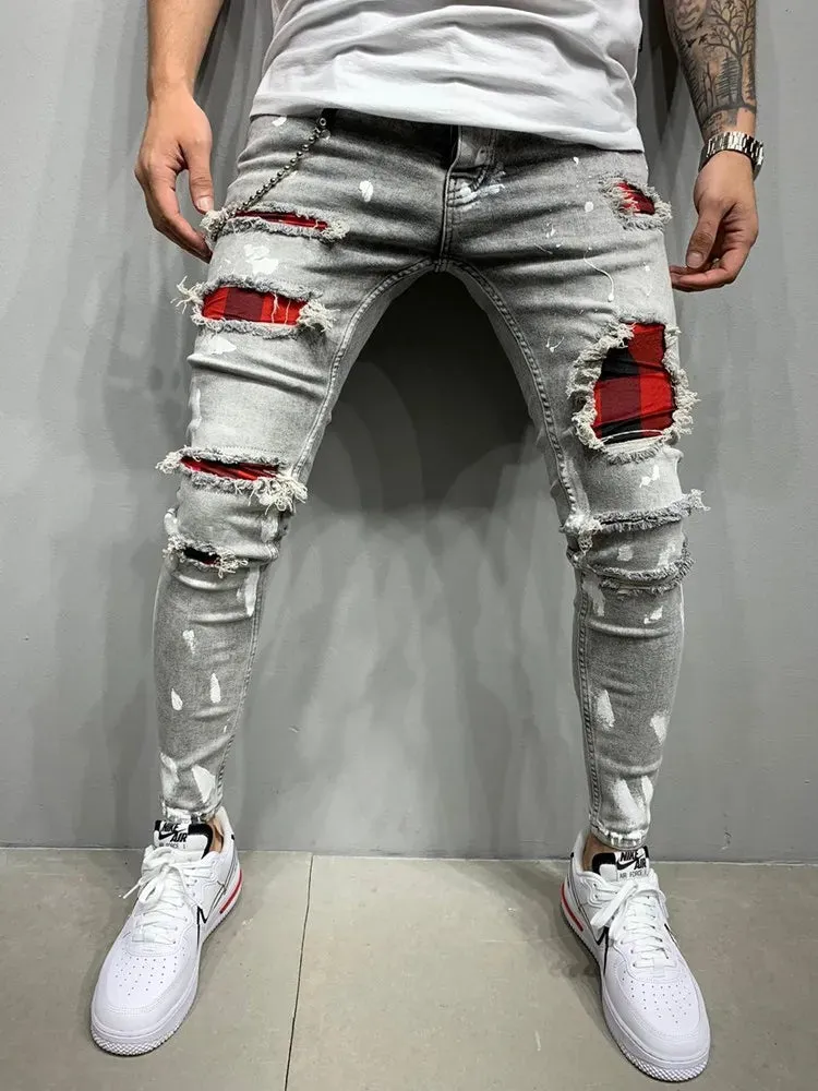 Plaid Men's Ripped Grid Patchwork Denim Pencil Skinny Jeans