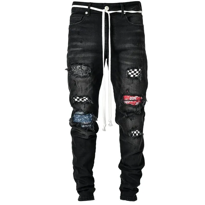 Plaid Men's Ripped Grid Patchwork Denim Pencil Skinny Jeans