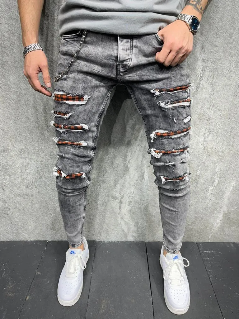 Plaid Wounds Skinny Ripped Jeans   Chain - Washed Black Y10