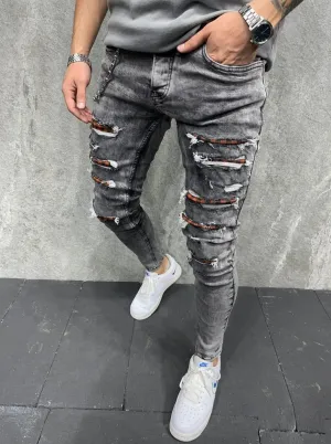Plaid Wounds Skinny Ripped Jeans   Chain - Washed Black Y10