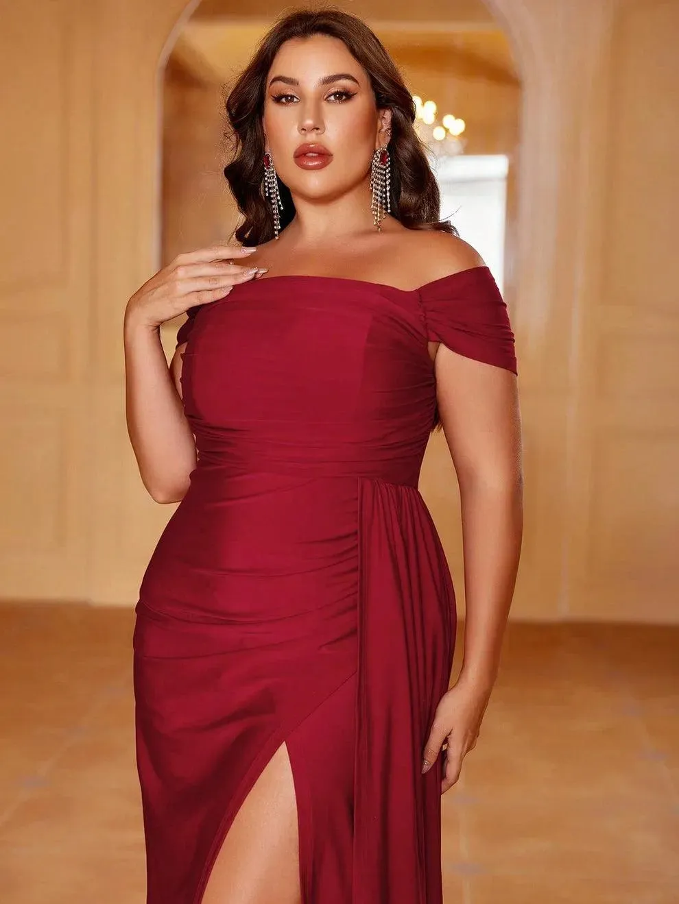 Plus Off Shoulder Draped Side Wrap Hem Dress
