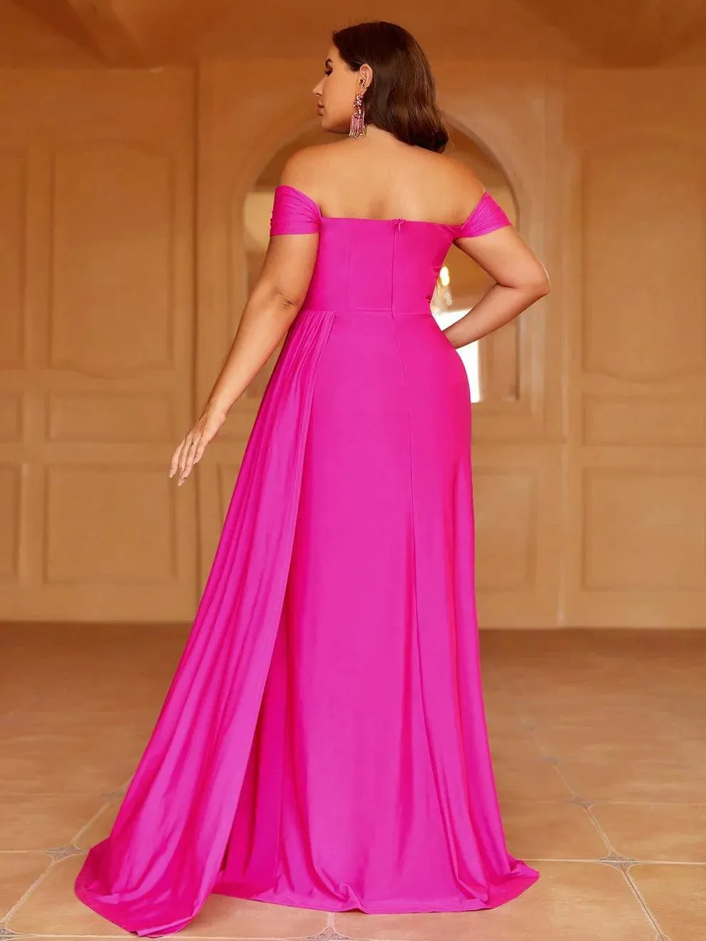 Plus Off Shoulder Draped Side Wrap Hem Dress