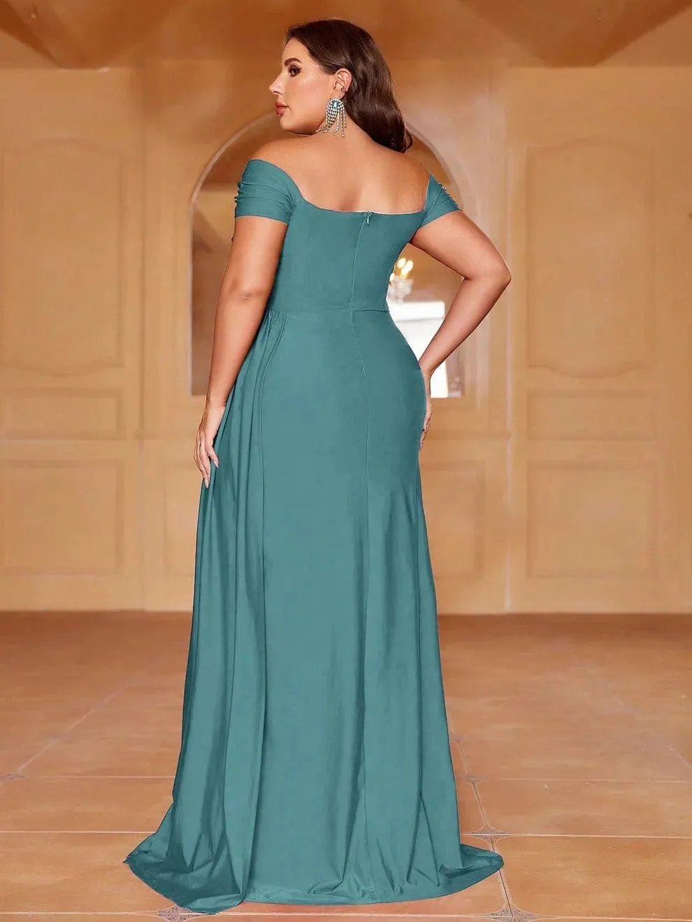 Plus Off Shoulder Draped Side Wrap Hem Dress