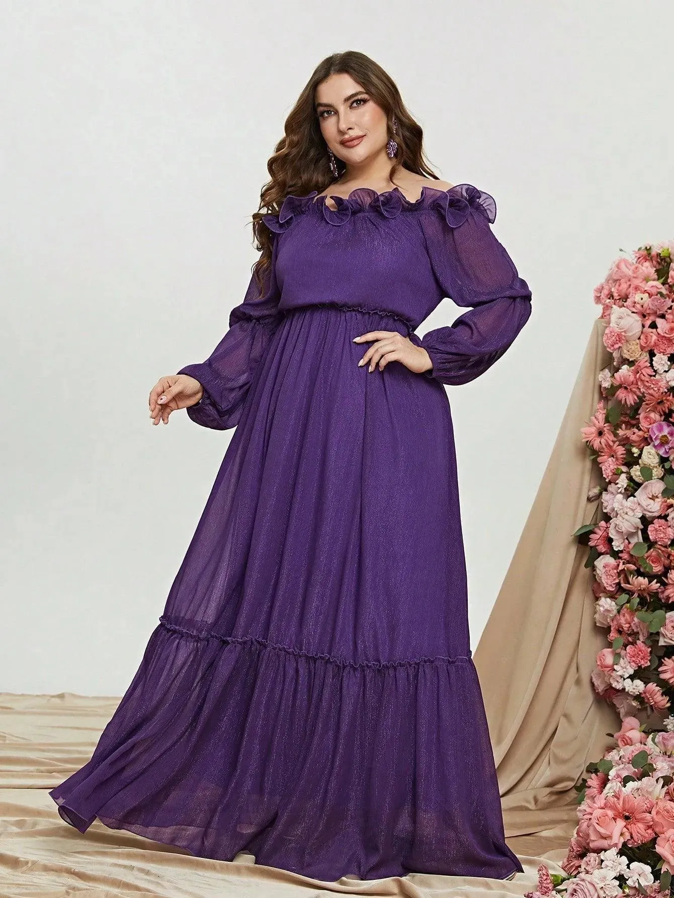 Plus Off Shoulder Ruffle Trim Chiffon Dress