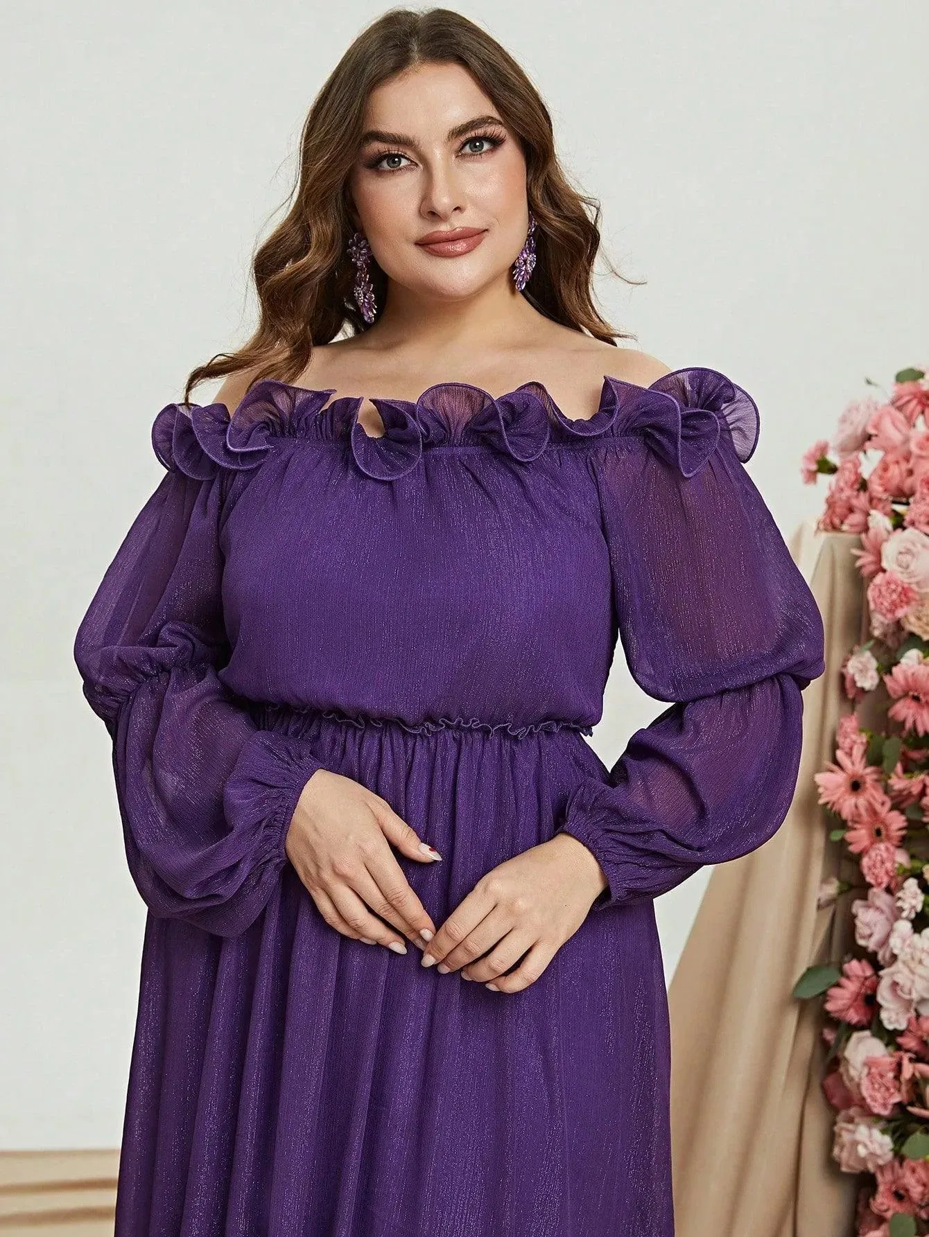 Plus Off Shoulder Ruffle Trim Chiffon Dress