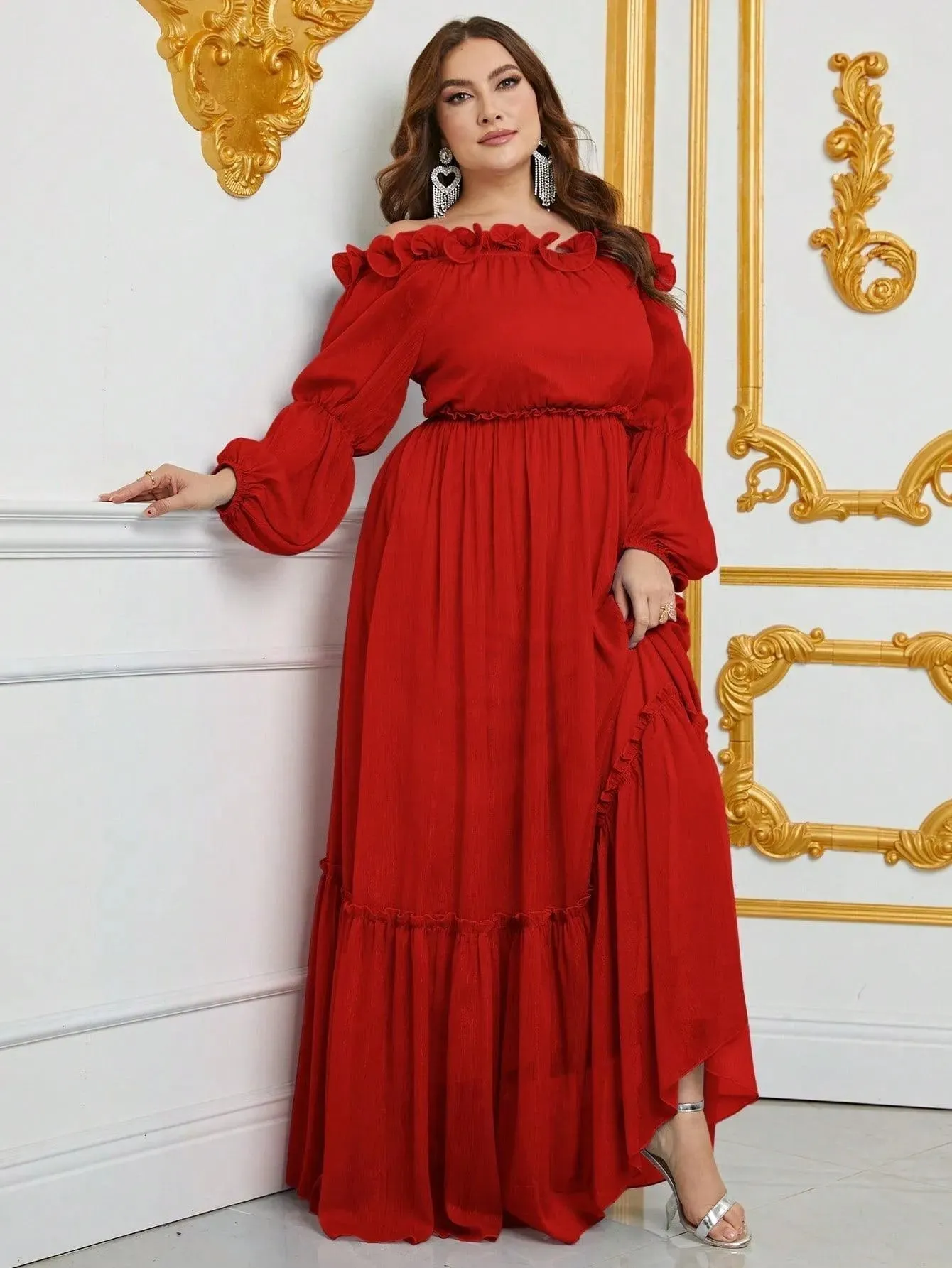 Plus Off Shoulder Ruffle Trim Chiffon Dress