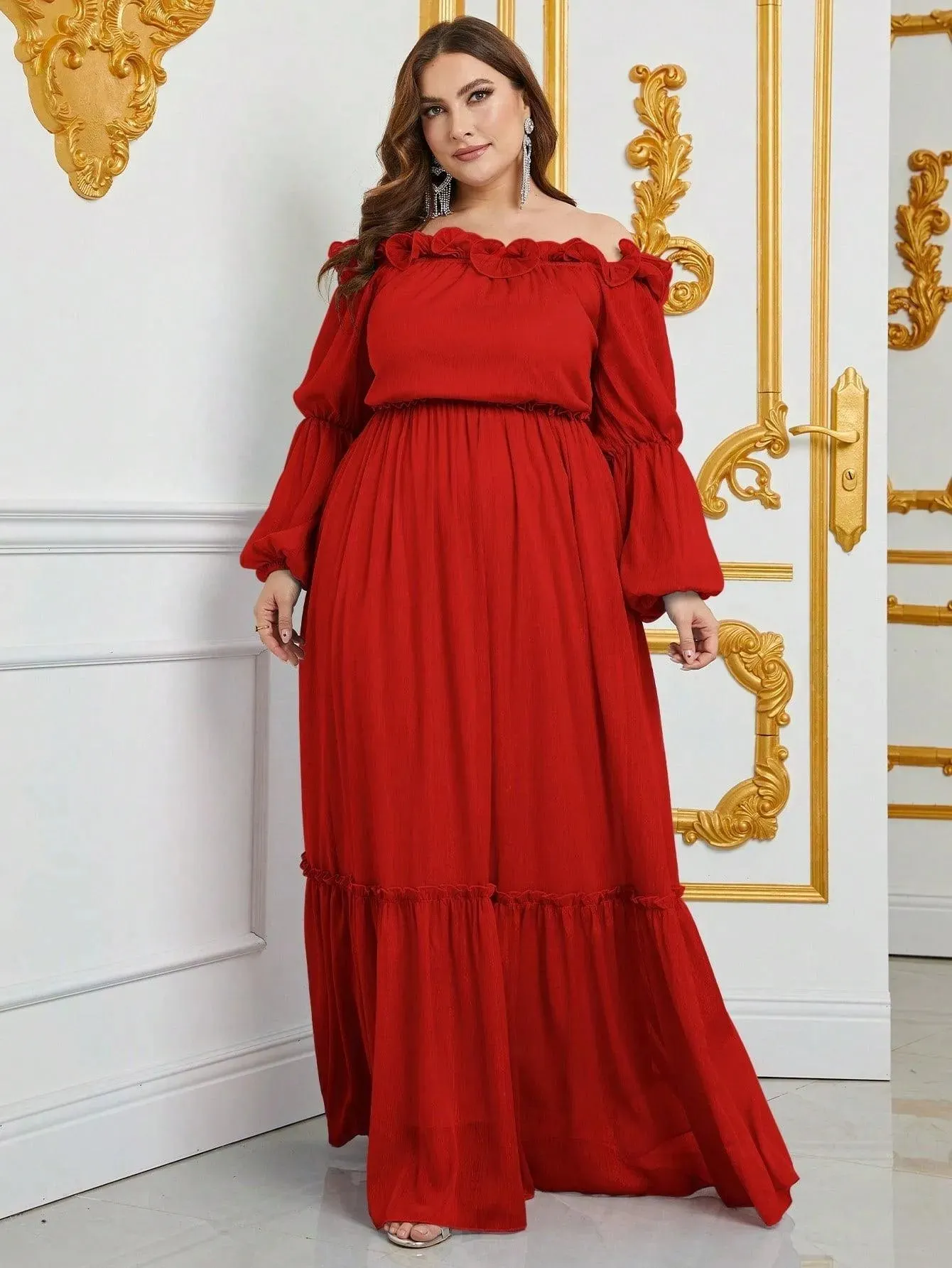 Plus Off Shoulder Ruffle Trim Chiffon Dress