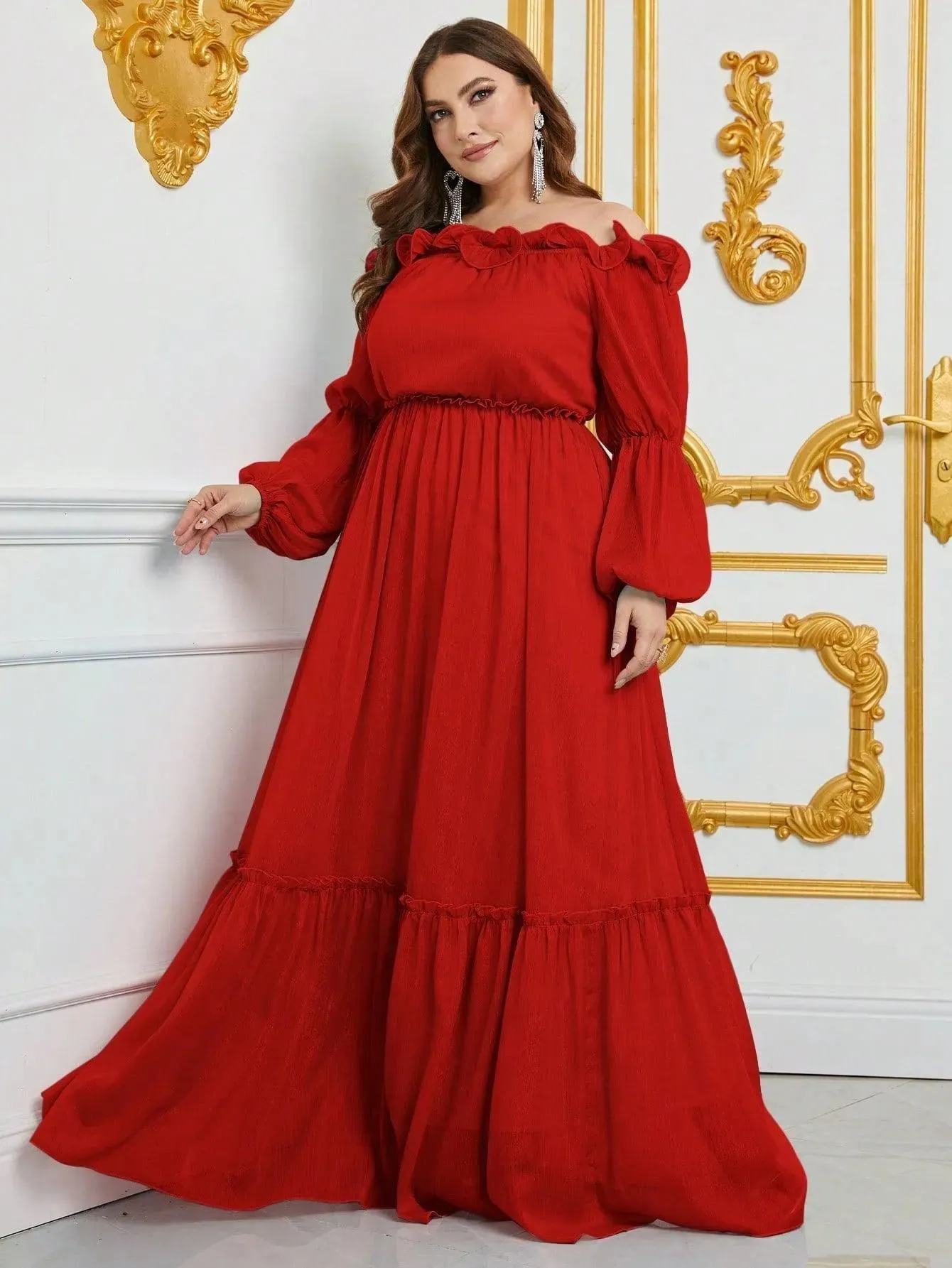 Plus Off Shoulder Ruffle Trim Chiffon Dress