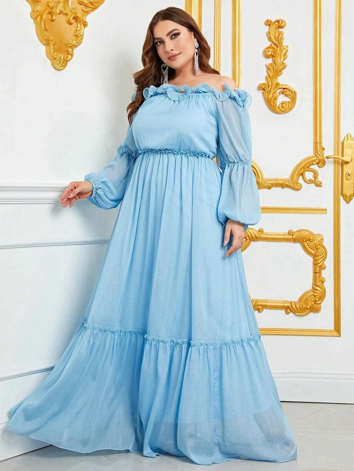 Plus Off Shoulder Ruffle Trim Chiffon Dress