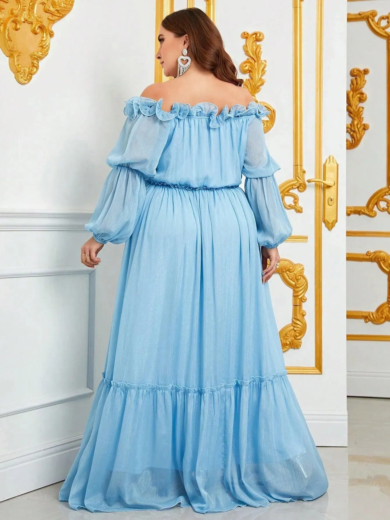 Plus Off Shoulder Ruffle Trim Chiffon Dress