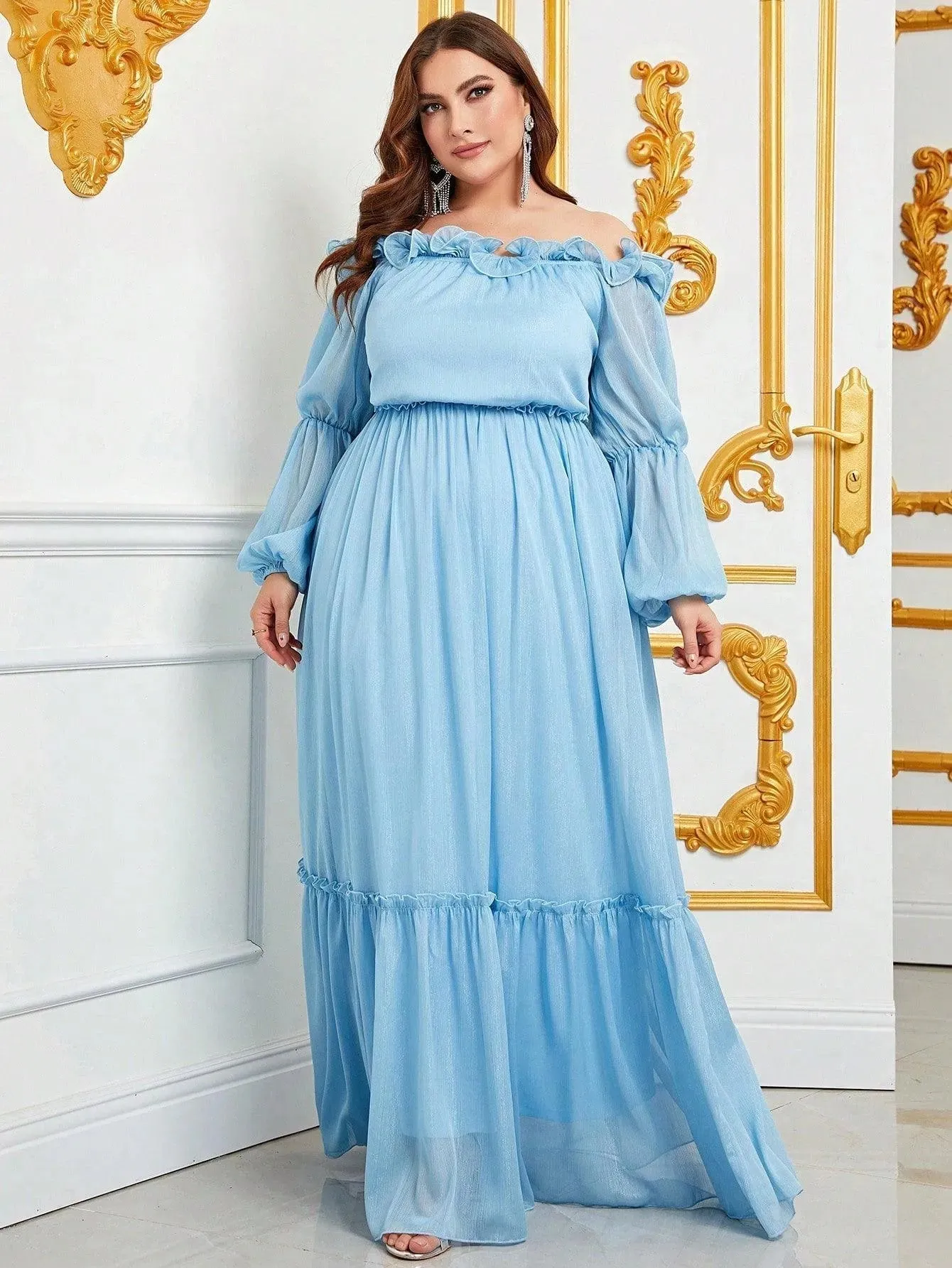 Plus Off Shoulder Ruffle Trim Chiffon Dress