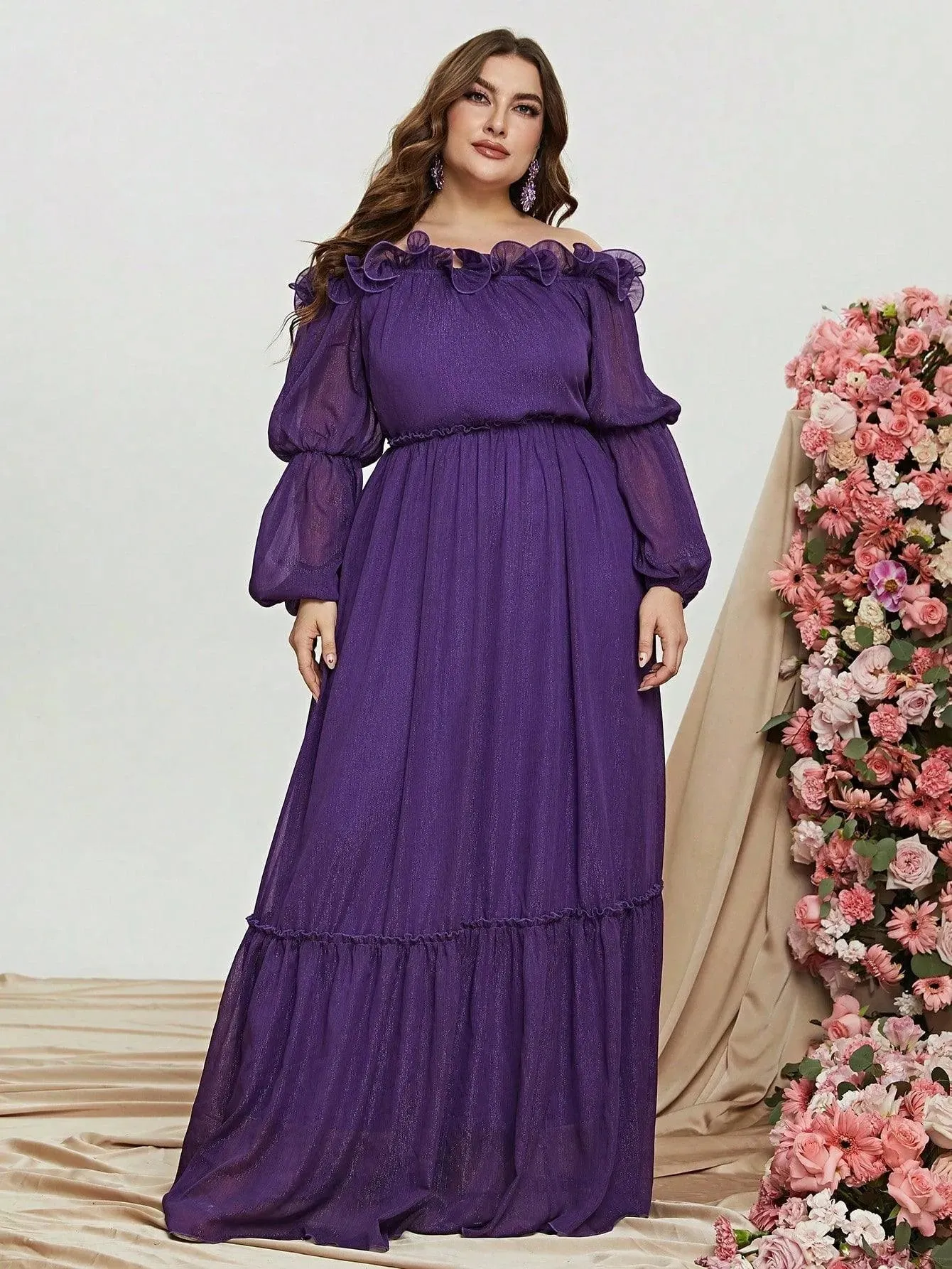 Plus Off Shoulder Ruffle Trim Chiffon Dress