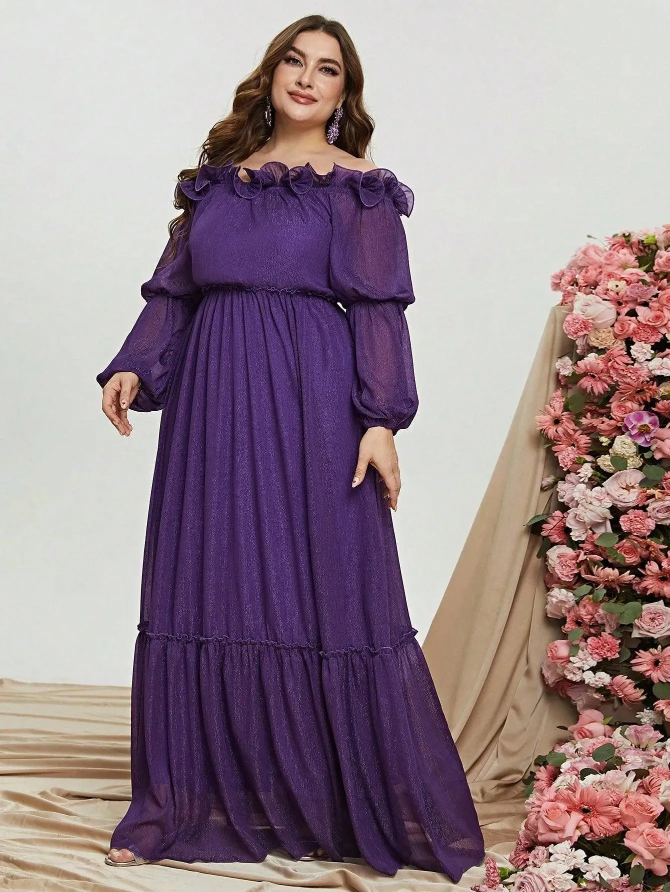 Plus Off Shoulder Ruffle Trim Chiffon Dress