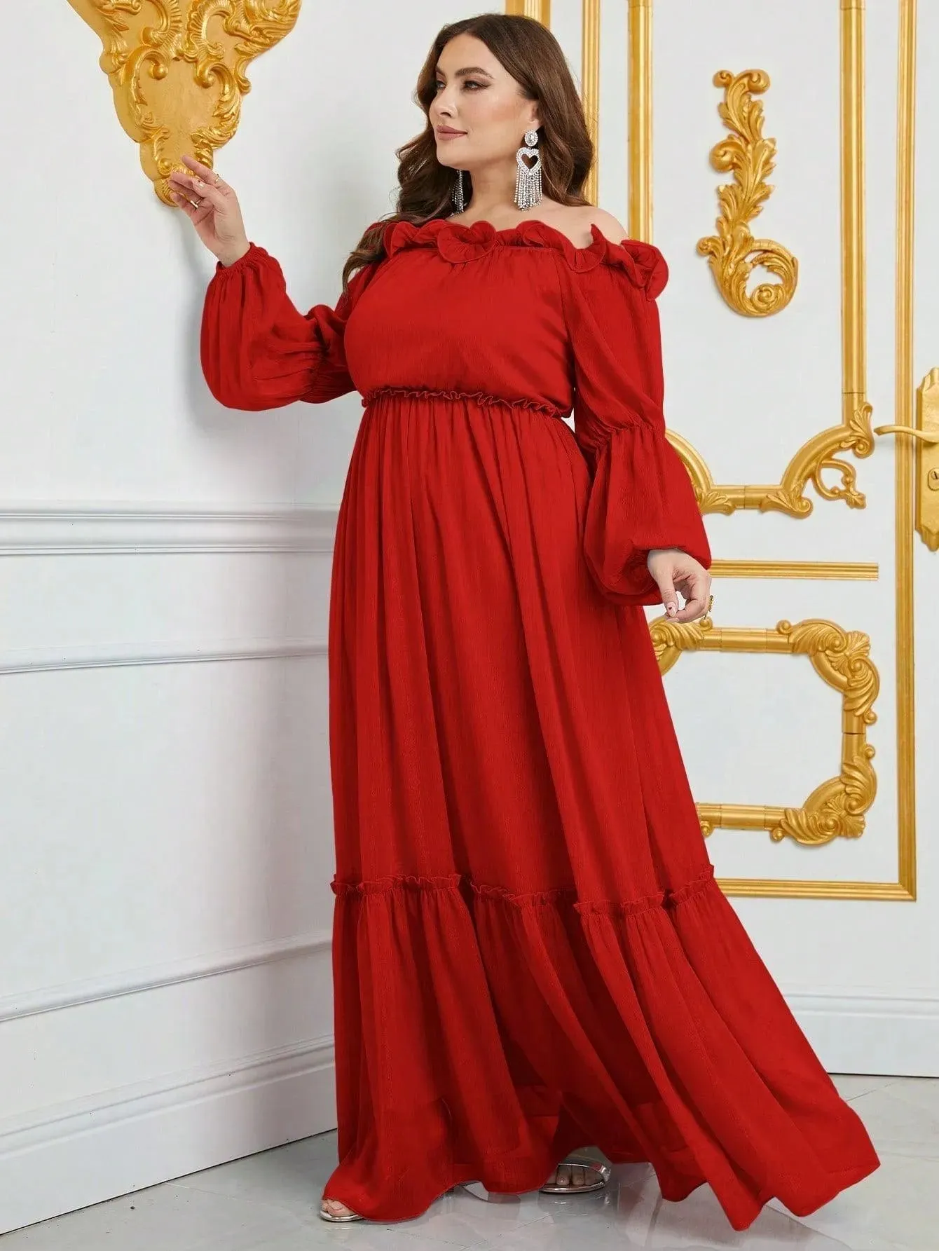 Plus Off Shoulder Ruffle Trim Chiffon Dress