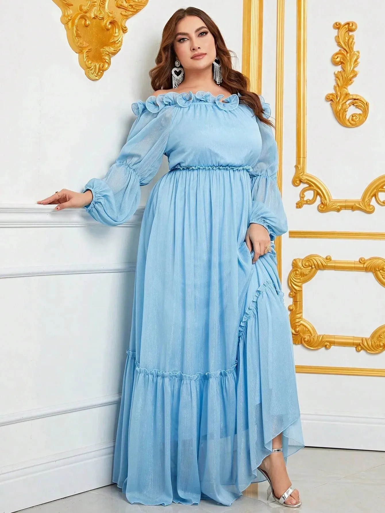Plus Off Shoulder Ruffle Trim Chiffon Dress