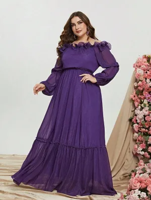 Plus Off Shoulder Ruffle Trim Chiffon Dress