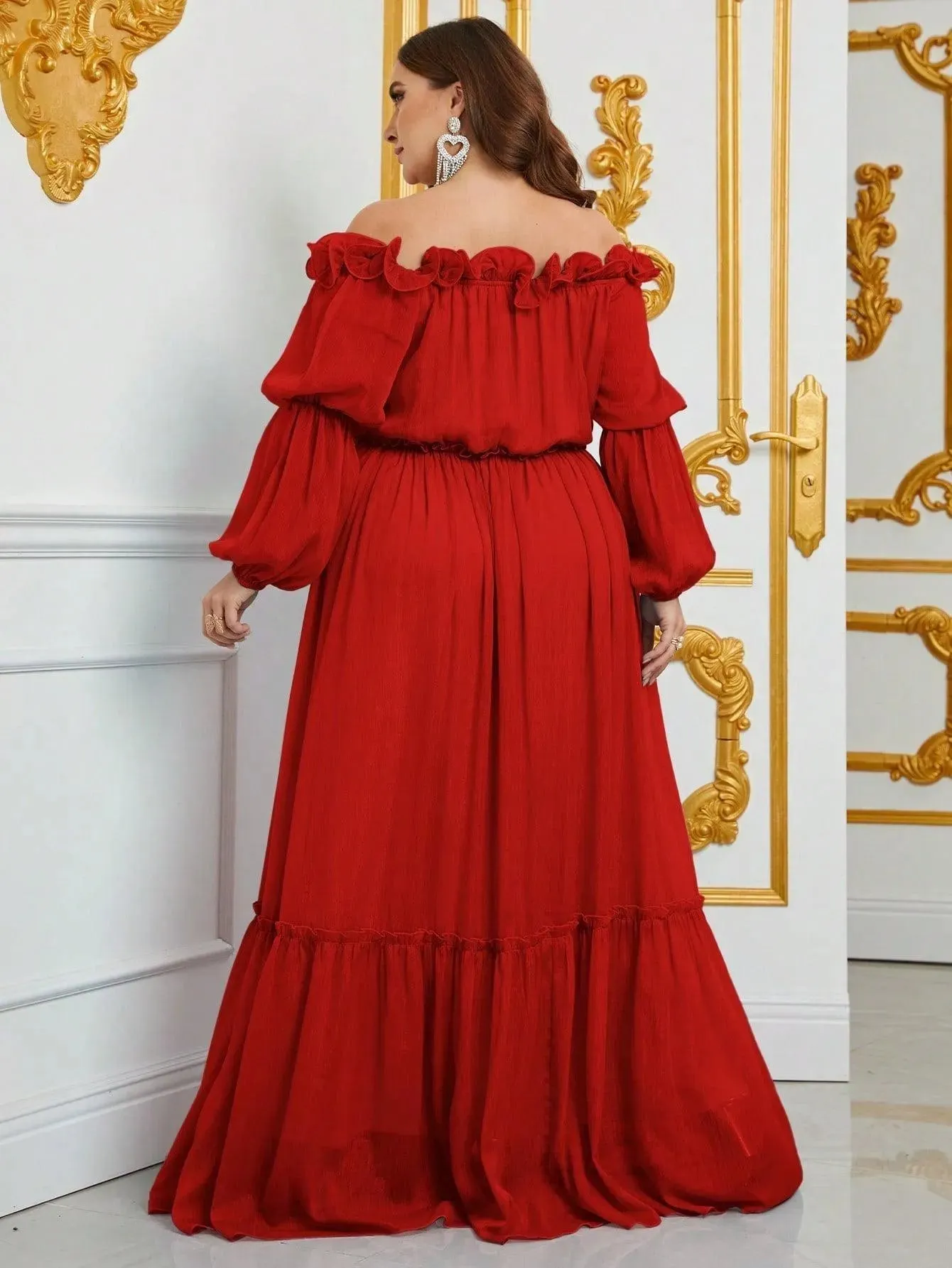 Plus Off Shoulder Ruffle Trim Chiffon Dress