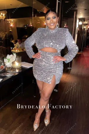 Plus Size Silver Sequined Long Sleeves Mini Dress