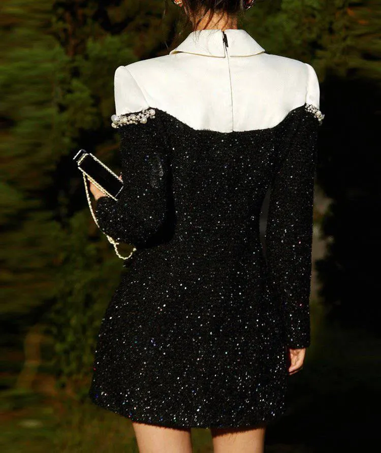 Prairie Long-Sleeve Rhinestone Sequined Paneled Tweed Mini A-Line Dress