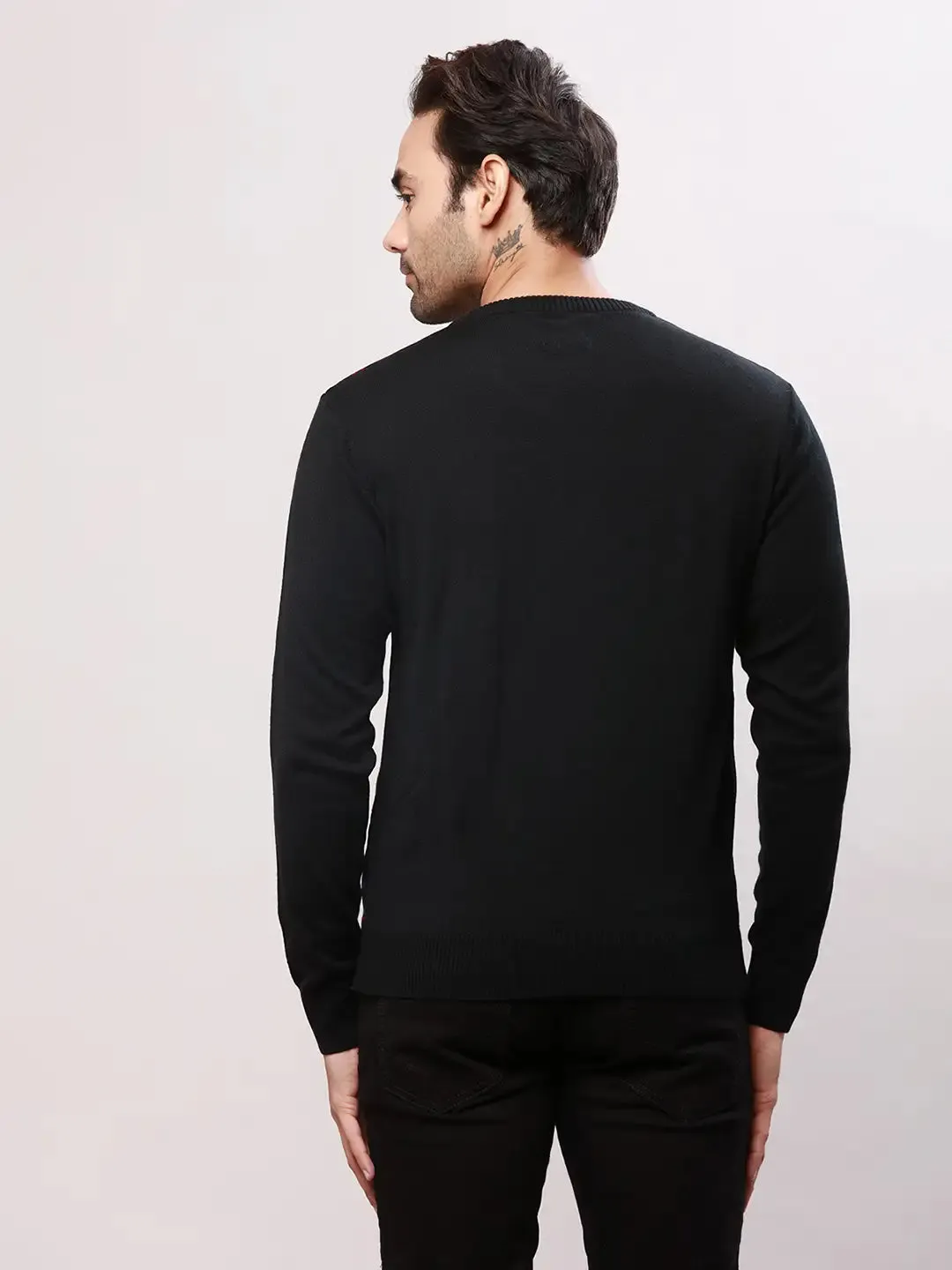 Raymond Men Black Jacquard Acrlic Blend Round Neck Sweaters