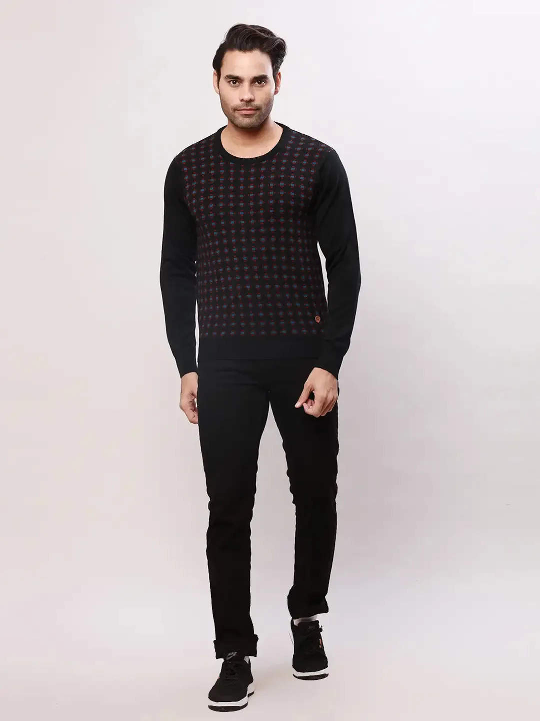 Raymond Men Black Jacquard Acrlic Blend Round Neck Sweaters