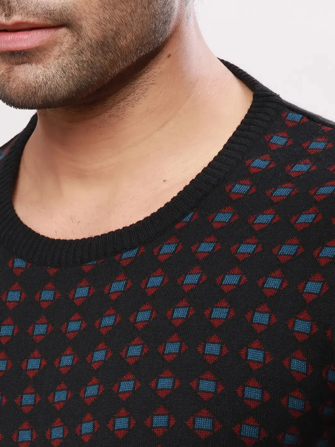 Raymond Men Black Jacquard Acrlic Blend Round Neck Sweaters