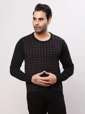 Raymond Men Black Jacquard Acrlic Blend Round Neck Sweaters