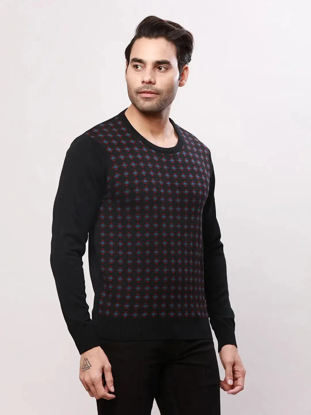 Raymond Men Black Jacquard Acrlic Blend Round Neck Sweaters
