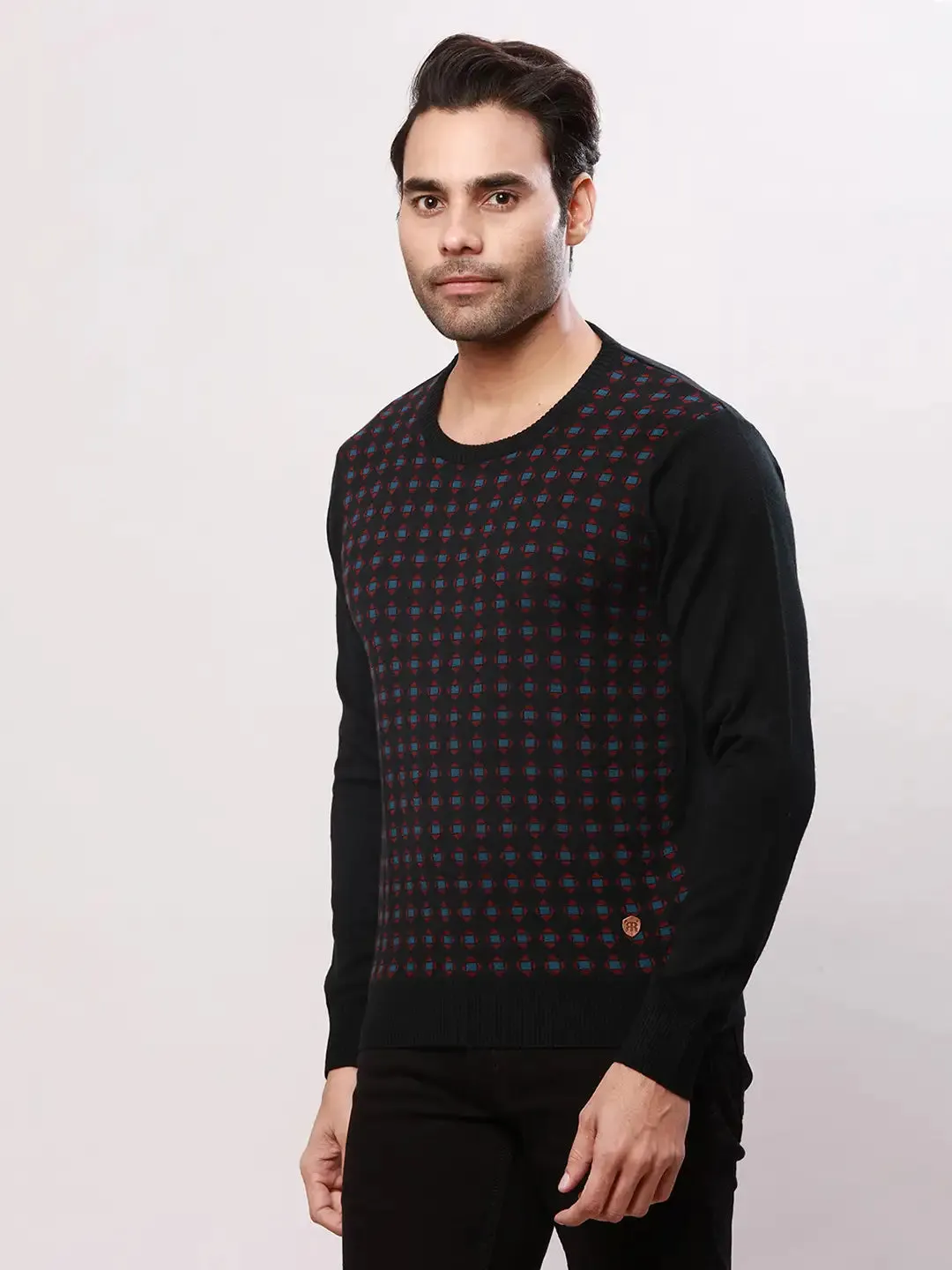 Raymond Men Black Jacquard Acrlic Blend Round Neck Sweaters