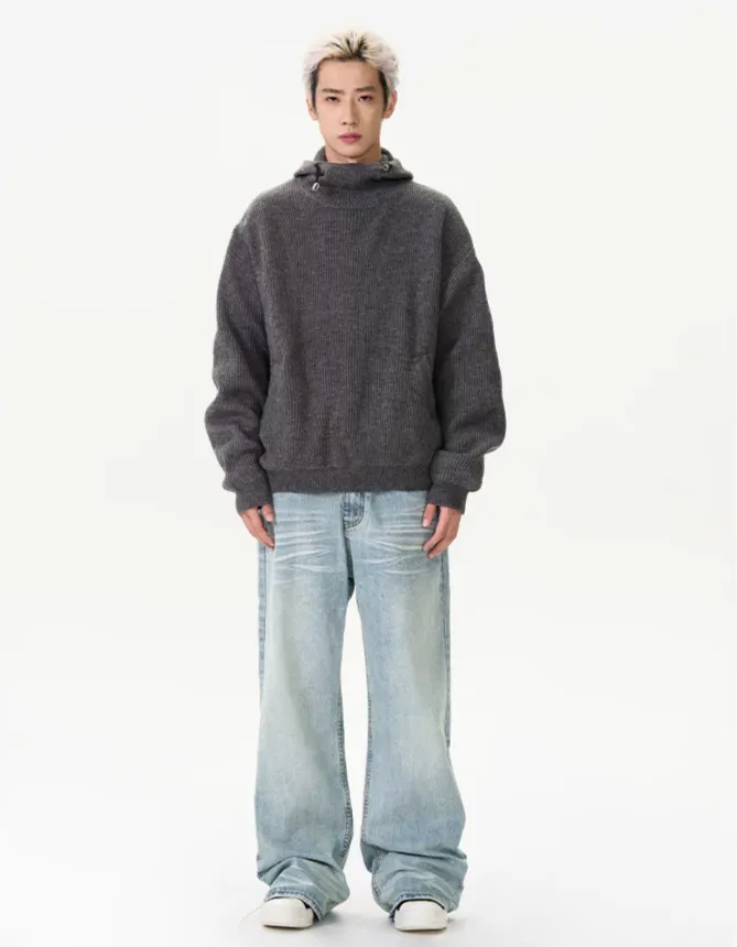Ribbed High Collar Hoodie Knit Sweater
