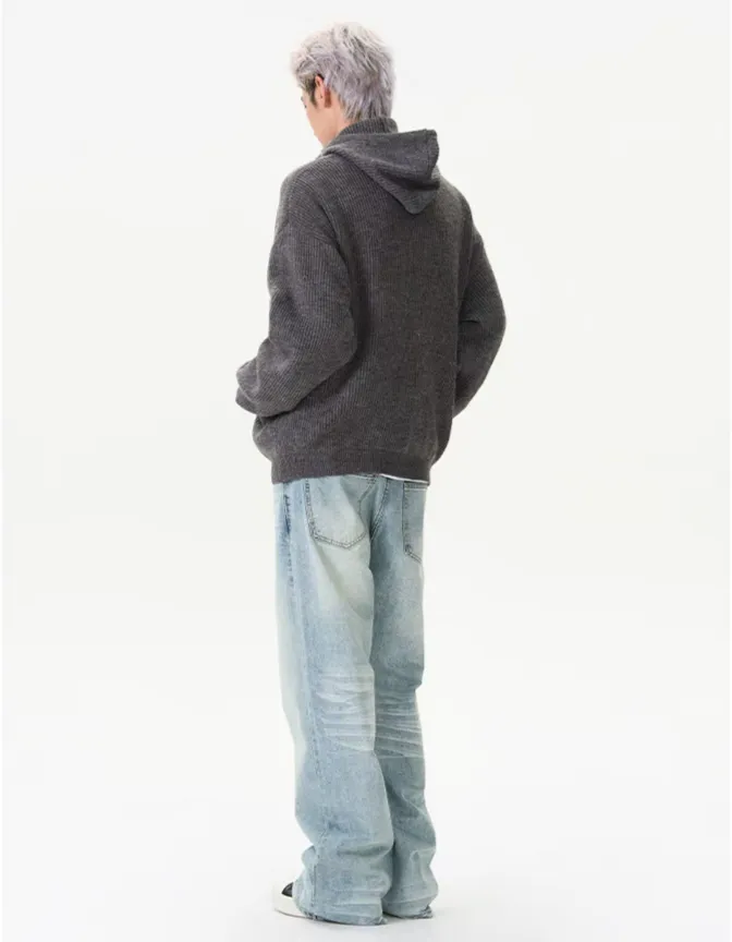 Ribbed High Collar Hoodie Knit Sweater