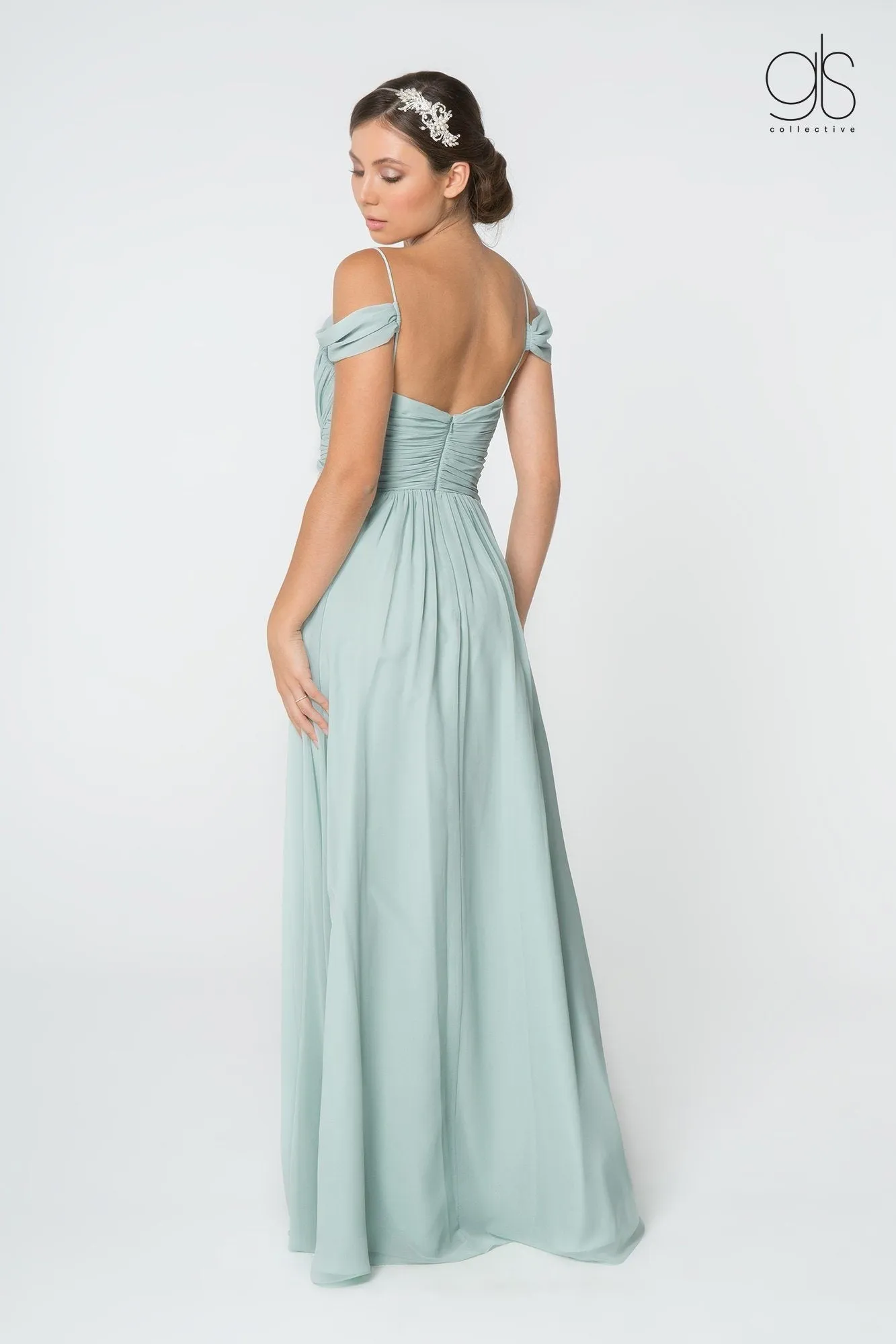 Ruched Long A-line Cold Shoulder Dress by Elizabeth K GL2824