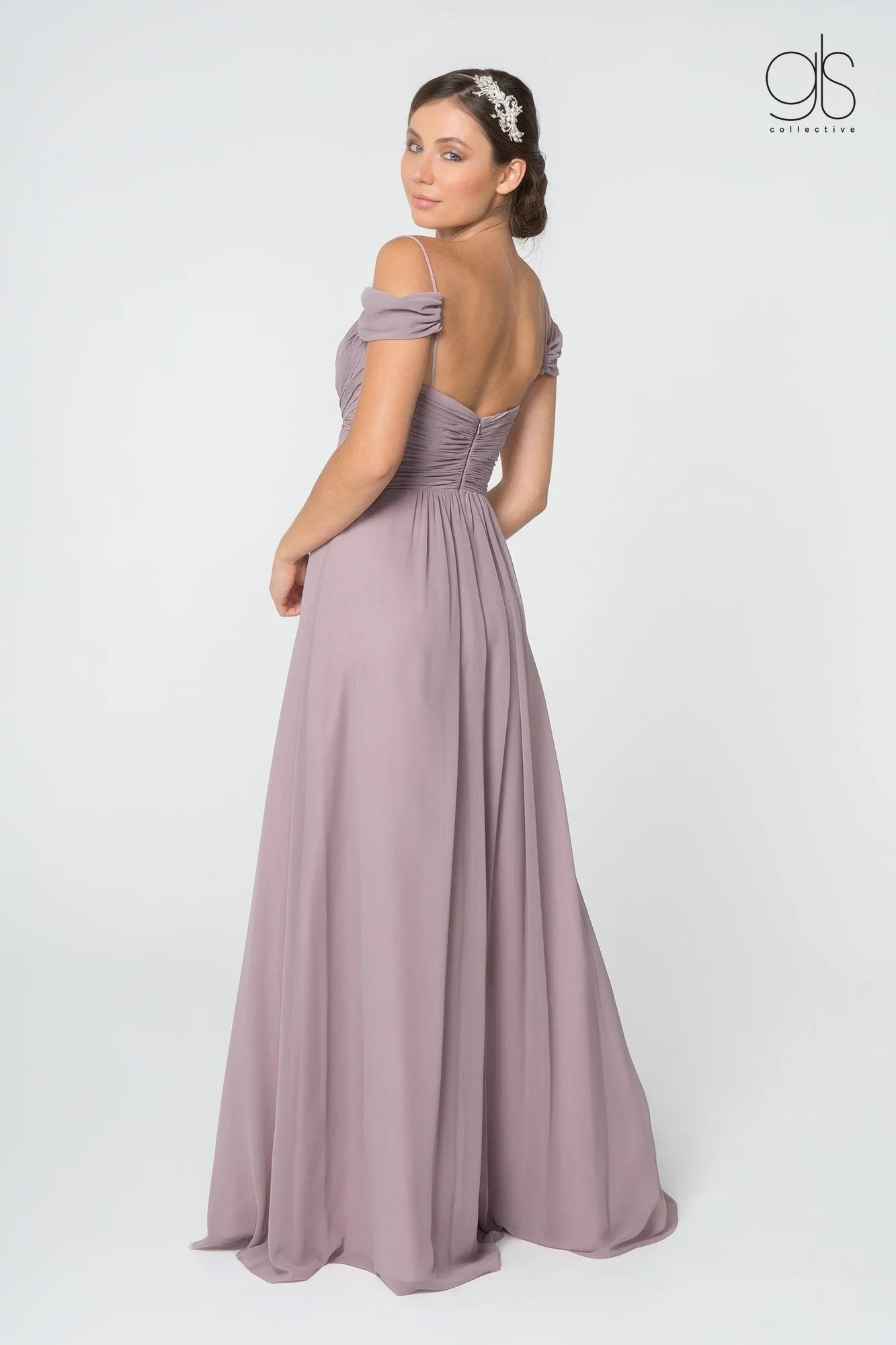Ruched Long A-line Cold Shoulder Dress by Elizabeth K GL2824