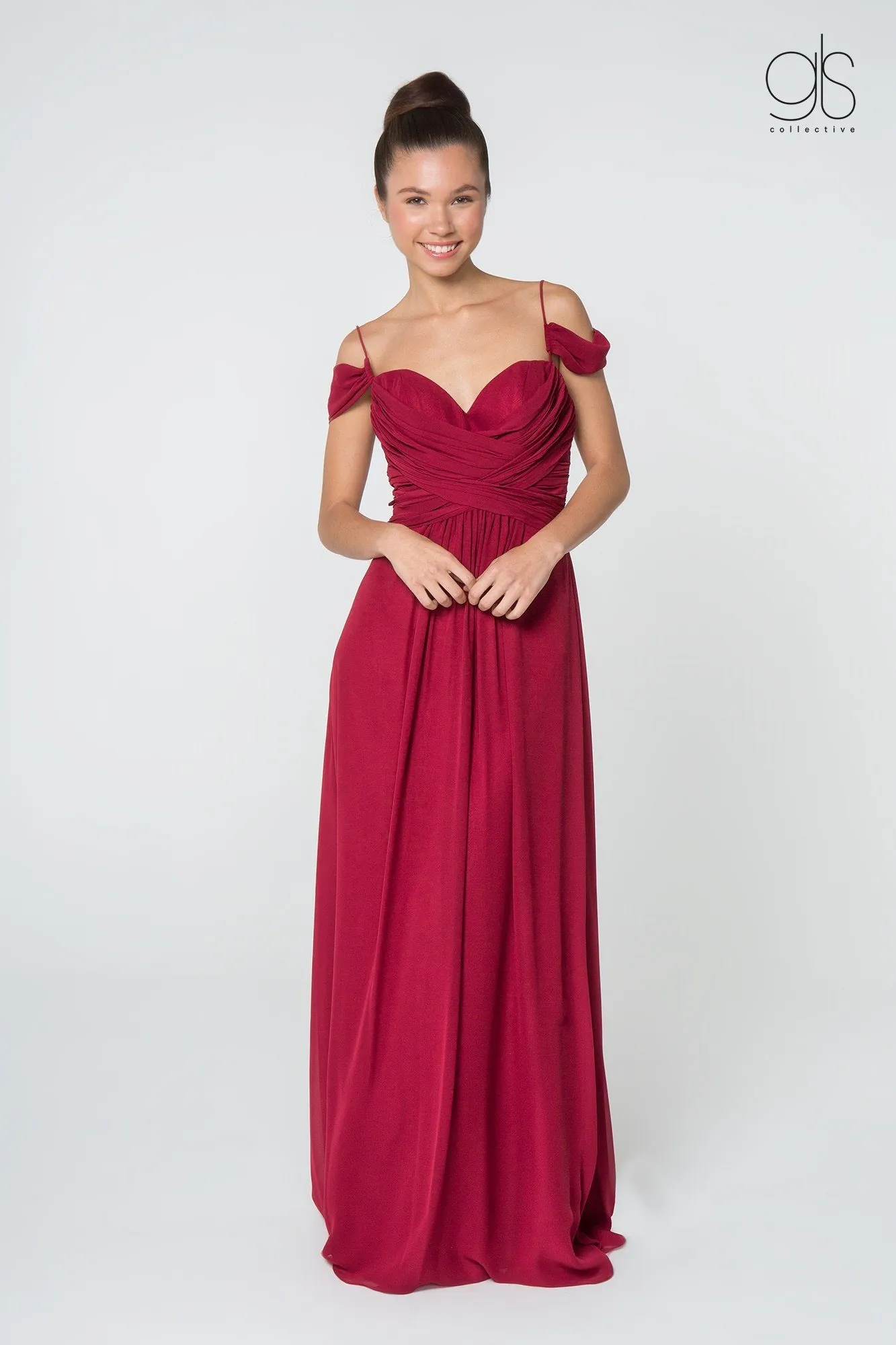 Ruched Long A-line Cold Shoulder Dress by Elizabeth K GL2824