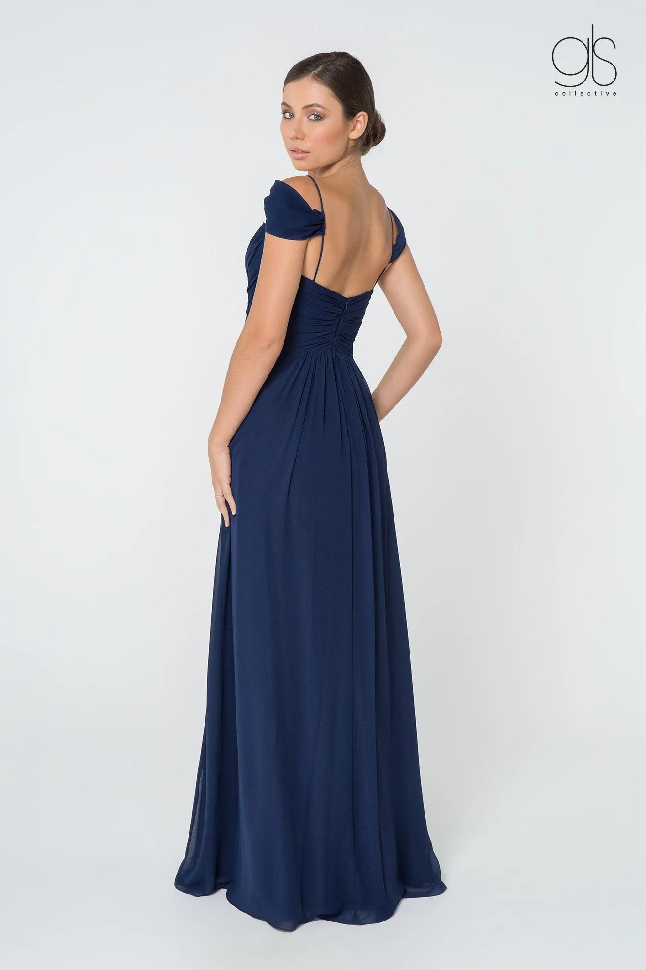 Ruched Long A-line Cold Shoulder Dress by Elizabeth K GL2824