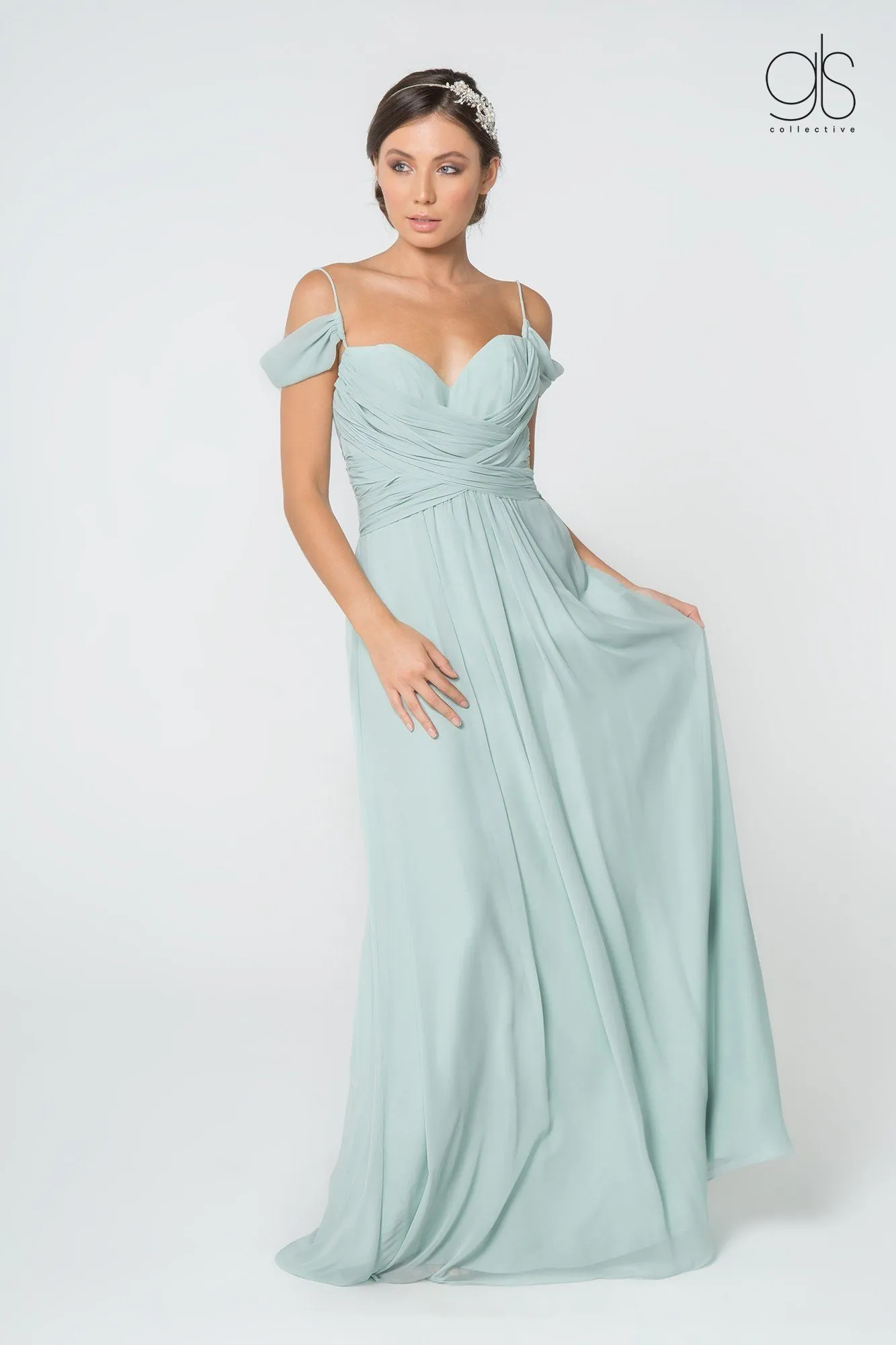 Ruched Long A-line Cold Shoulder Dress by Elizabeth K GL2824