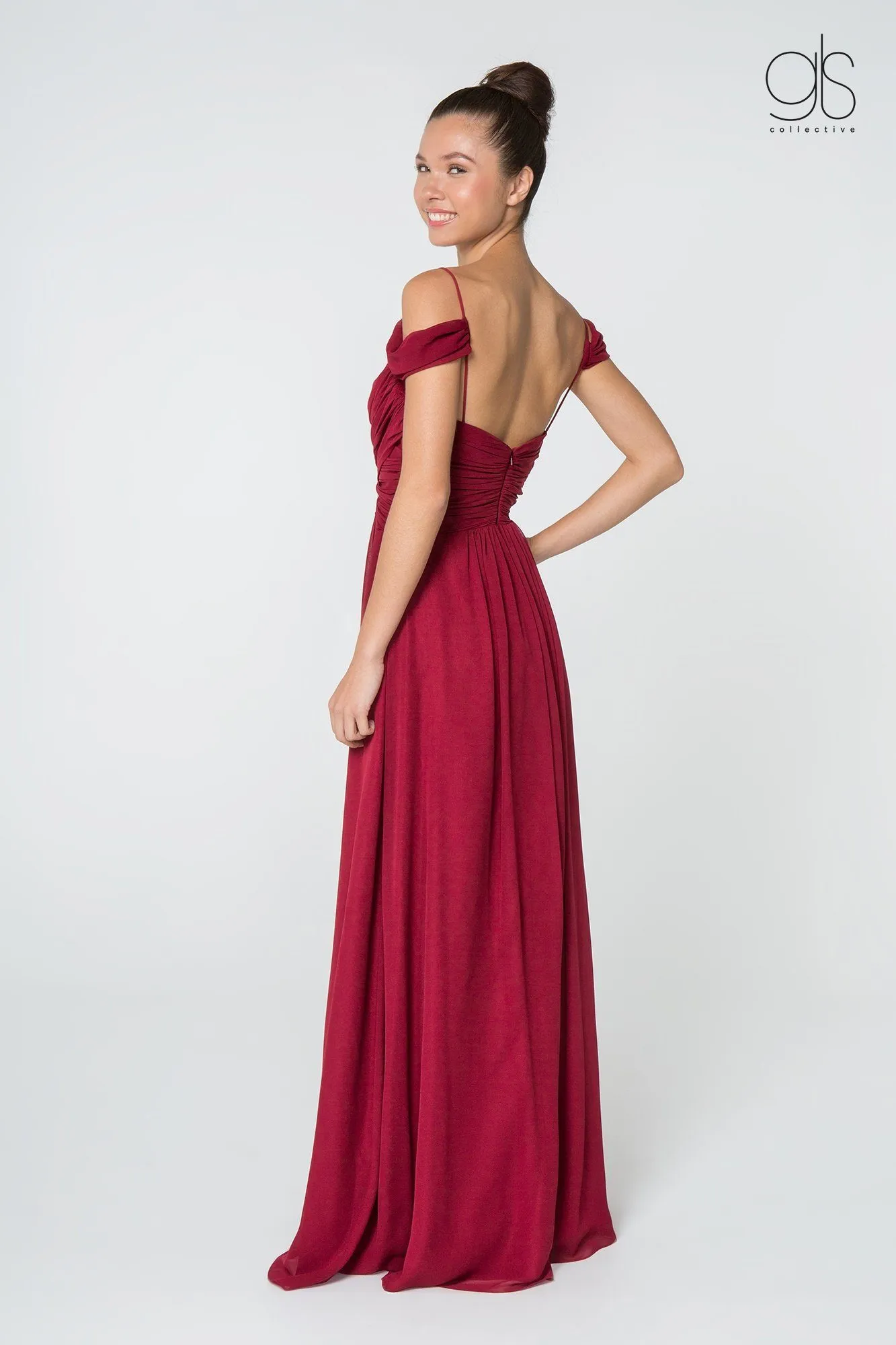 Ruched Long A-line Cold Shoulder Dress by Elizabeth K GL2824