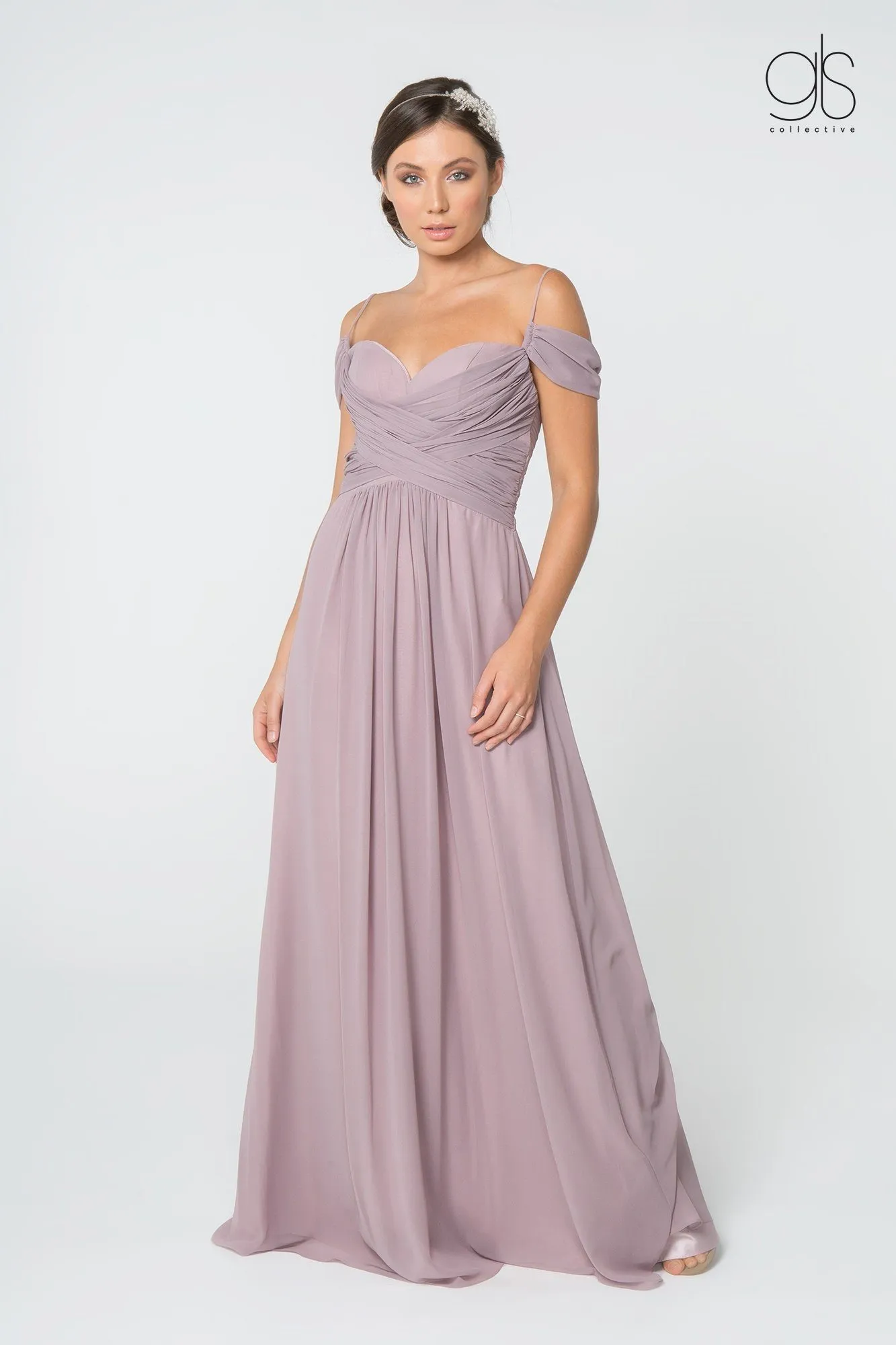 Ruched Long A-line Cold Shoulder Dress by Elizabeth K GL2824