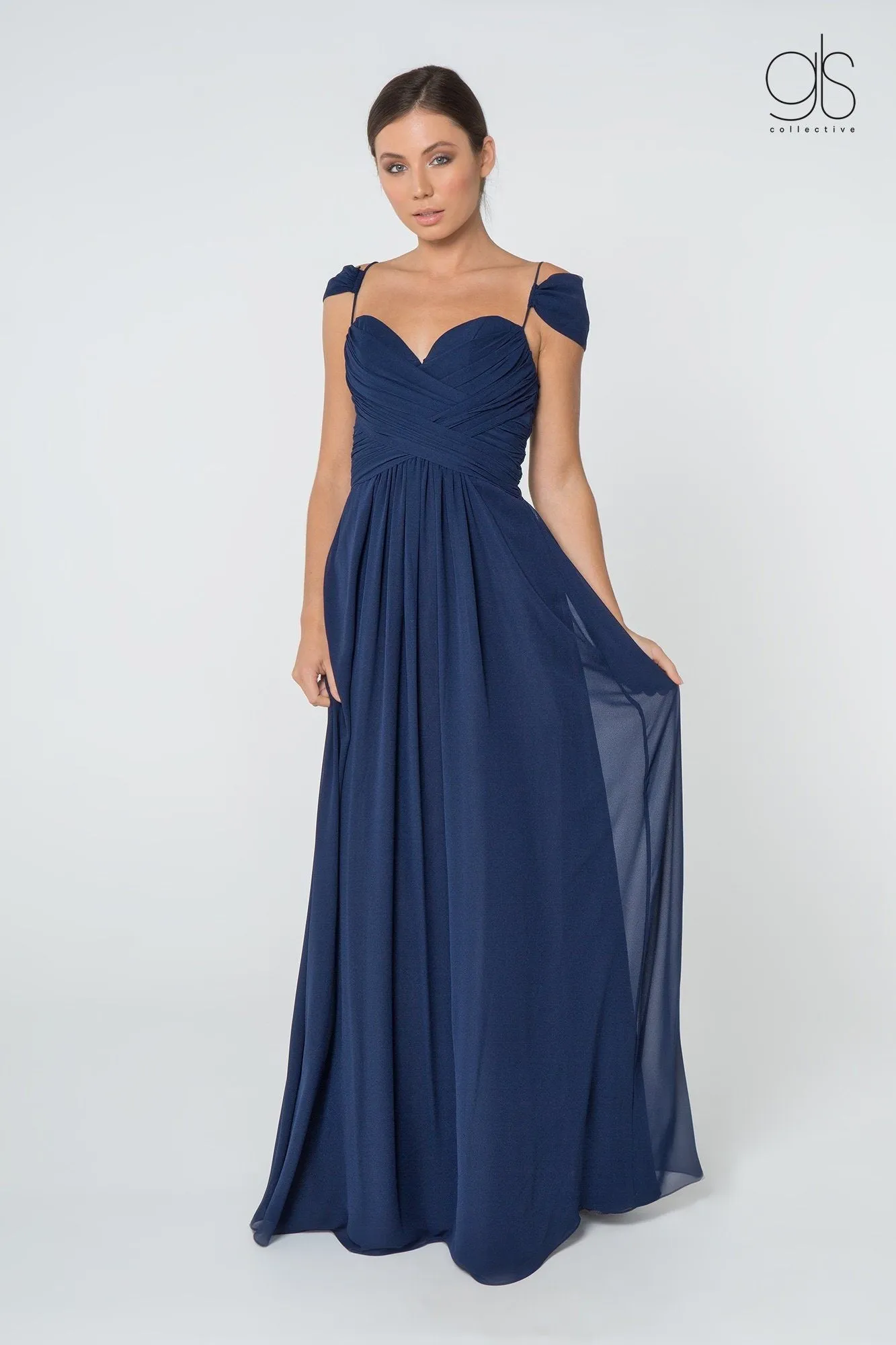 Ruched Long A-line Cold Shoulder Dress by Elizabeth K GL2824