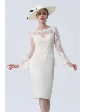 Sheath / Column Mother of the Bride Dress Vintage Plus Size Elegant Jewel Neck Knee Length Satin Lace Long Sleeve with Lace
