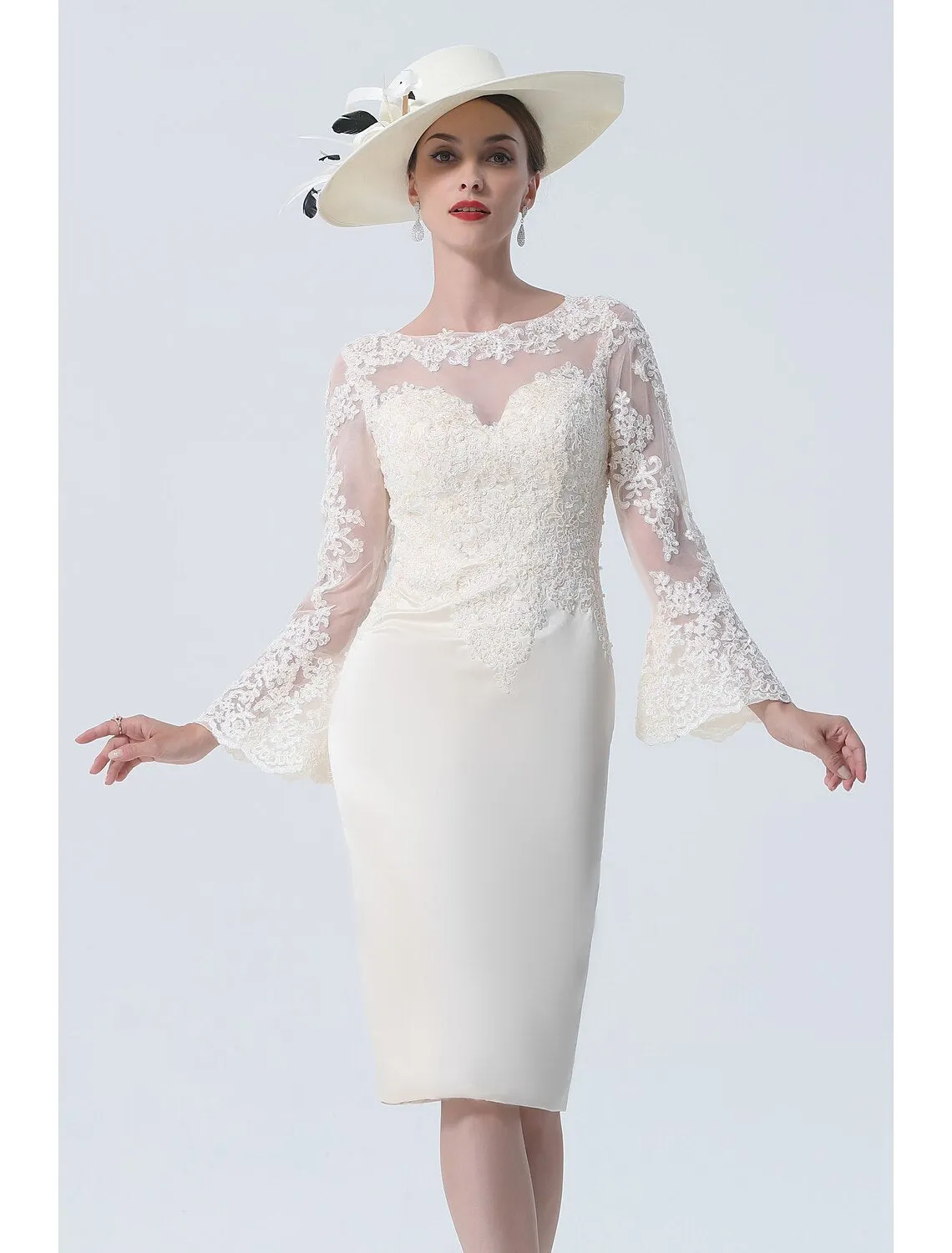 Sheath / Column Mother of the Bride Dress Vintage Plus Size Elegant Jewel Neck Knee Length Satin Lace Long Sleeve with Lace