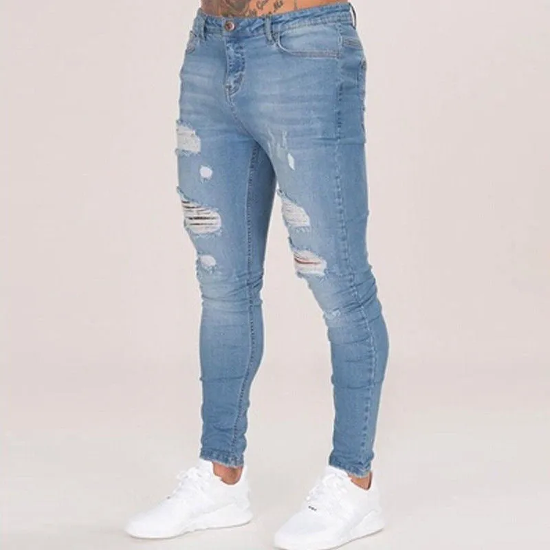 Skinny Long Trousers Men's Ripped Jeans High Waisted Pencil Pants
