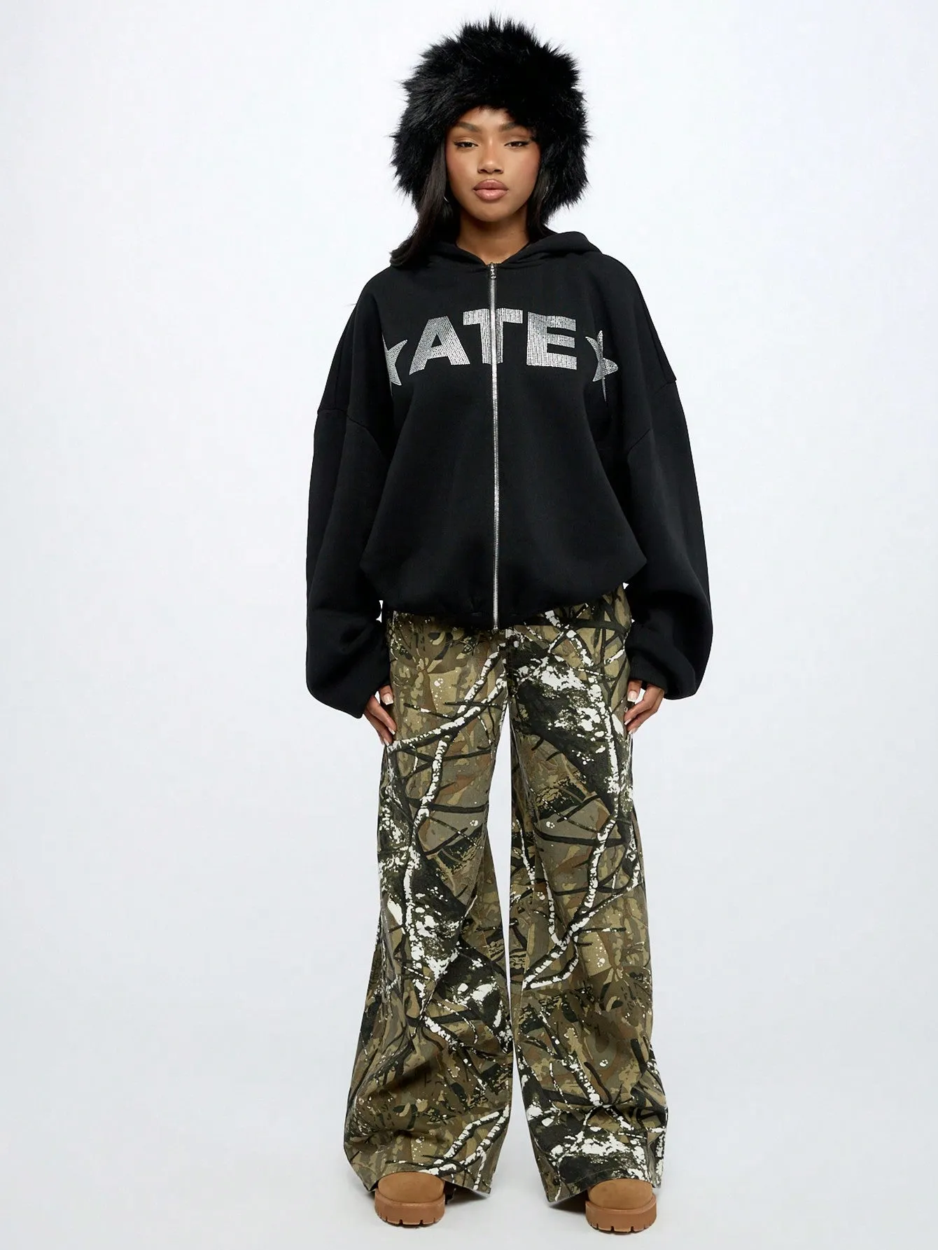 SUMWON WOMEN Oversized Graphic Print Zip Through Hoodie