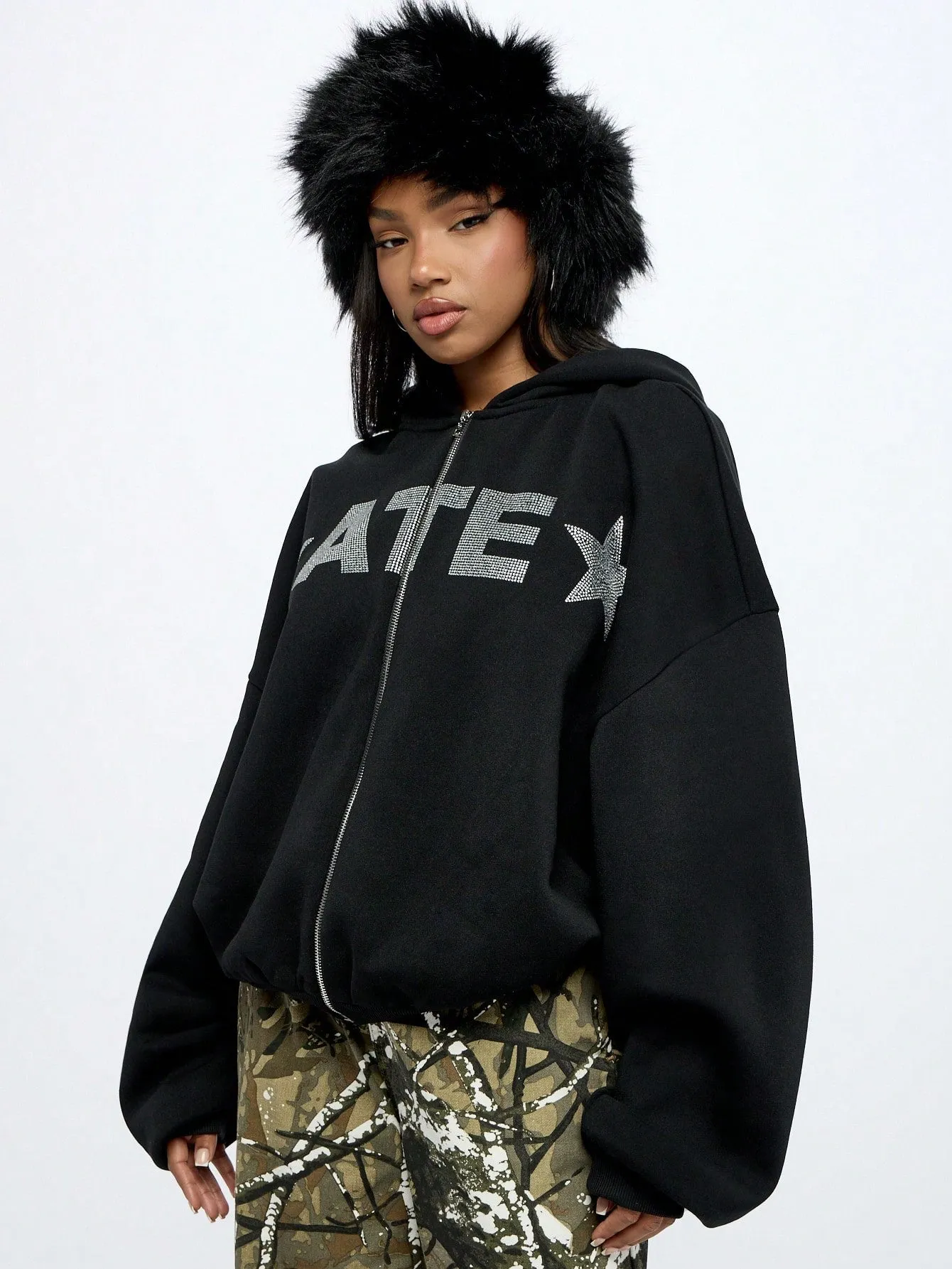 SUMWON WOMEN Oversized Graphic Print Zip Through Hoodie