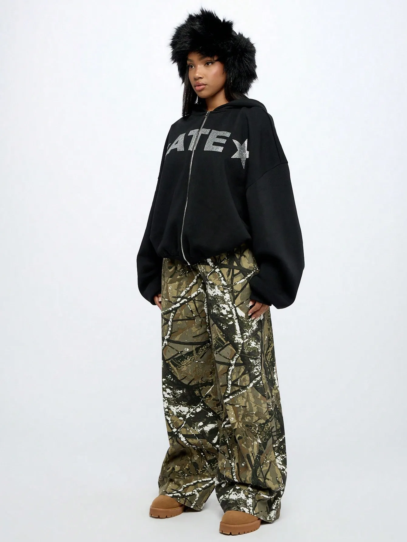 SUMWON WOMEN Oversized Graphic Print Zip Through Hoodie